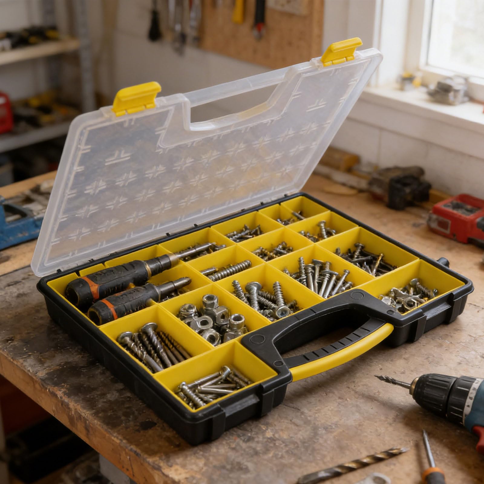 Cassetta portautensili portatile con tasche multiple e manici retrattili, facile da organizzare e trasportare strumenti e accessori, organizer per attrezzature