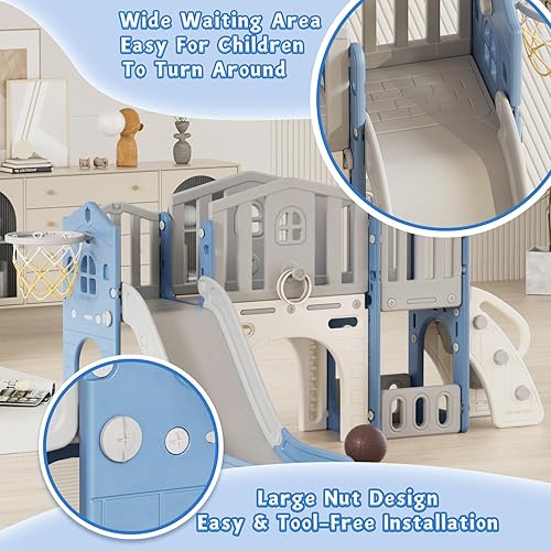 Miniatura 4 de YUFU Juego de toboganes 9 en 1 para niños pequeños de 1 a 3 años, juego para niños pequeños con escalador, lanzamiento de anillo, aro de baloncesto