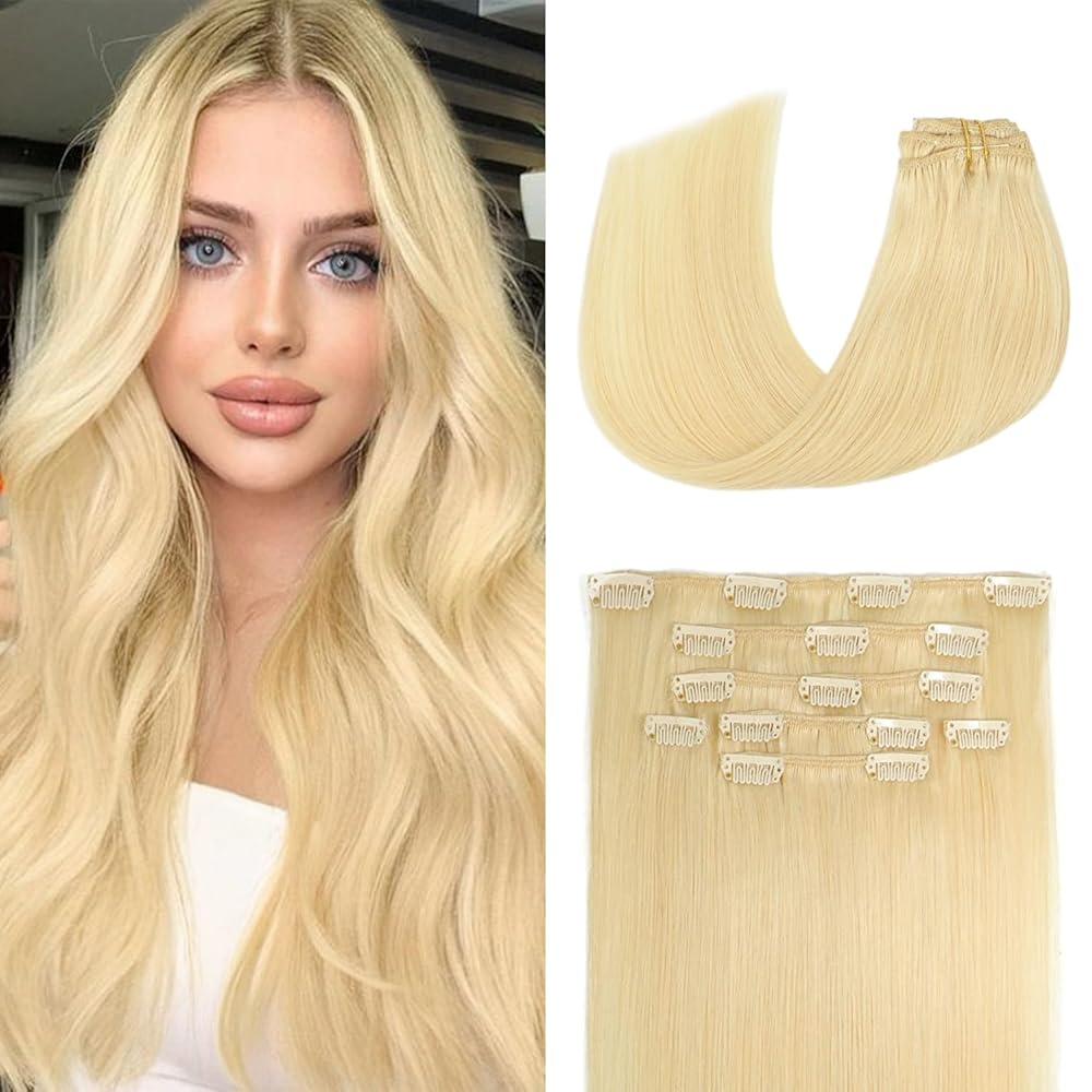Aison Blonde Clip in Hair Extensions Real Human Hair 70G Bleach Blonde 100% Remy Human Hair Soft Silky Straight 7pcs 16clips One Pack (18 Inch 613)