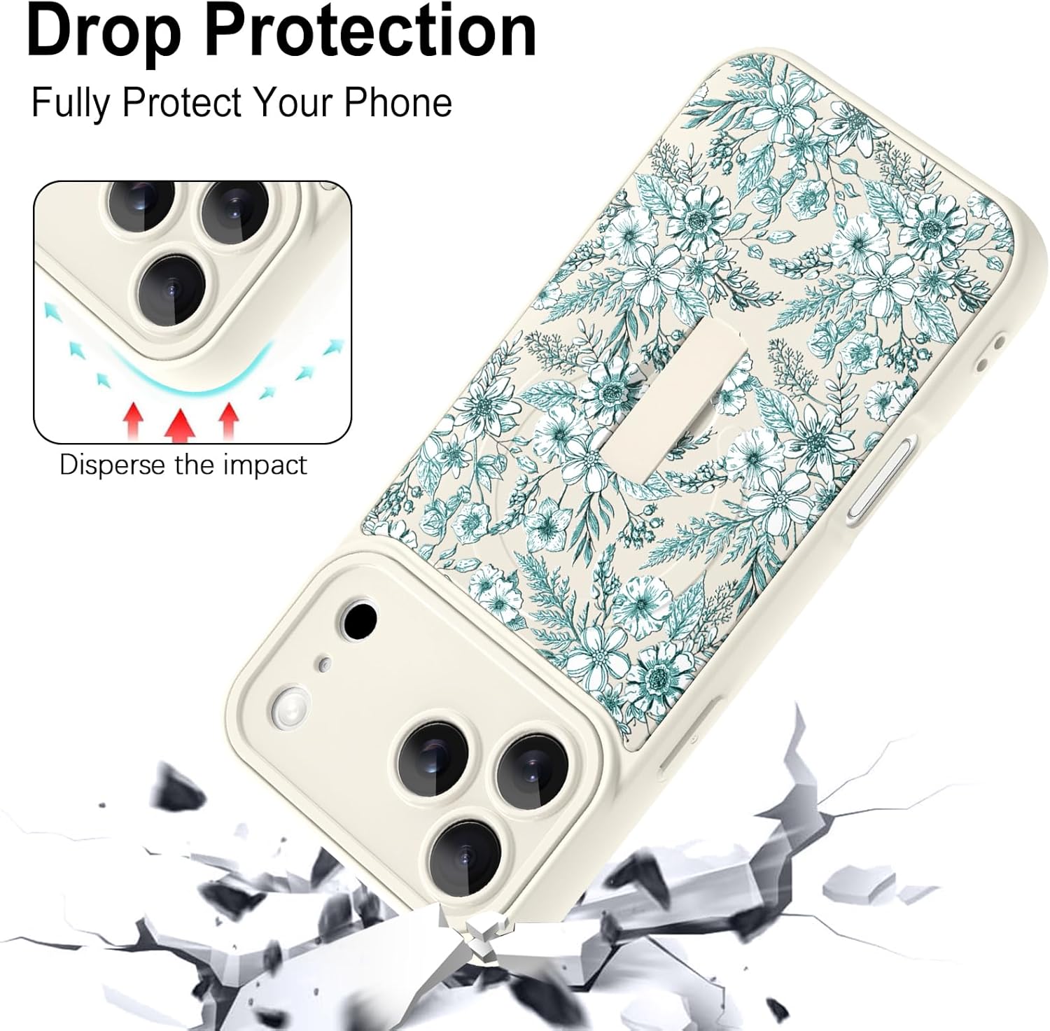 Magnetic Case for iPhone 17 Pro Max,Compatible with MagSafe,Finger Strap Kickstand for Women Girl Men,Cute Aesthetic Green Flowers Pattern,Soft Slim Full Camera Protection,White