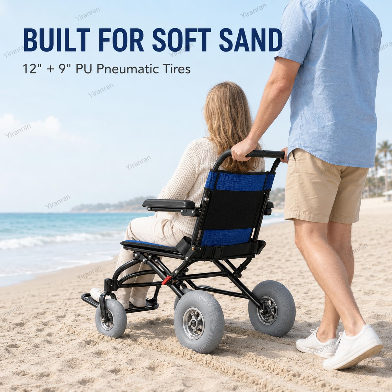 Silla De Ruedas Todoterreno para Playa, Plegable, con Neumáticos Anchos para Arena Blanda, De 12 Y 9 Pulgadas, Capacidad De 220 LB, Ruedas De Liberación Rápida, Reposabrazos Y Reposapiés