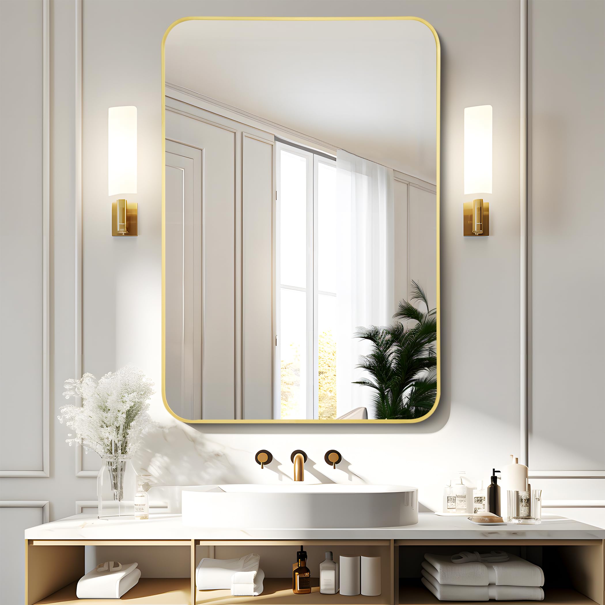 Gold Bathroom Mirror, Gold Rectangle Framed Mirror, Wall Mounted Mirror with Round Corner for Bedroom Living Room, Entryway Hangs Horizontal or Vertical (26x38 in)