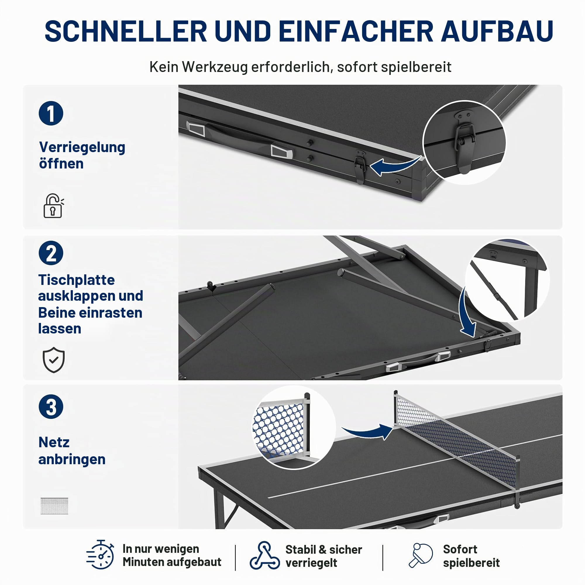 UISEBRT Mini Tischtennisplatte klappbar 152.5x76cm, MDF Tischplatte mit Metallgestell, komplettes Ping Pong Set mit 2 Schlägern 5 Bällen Netz Tasche, Indoor & wettergeschützter Outdoor Tisch