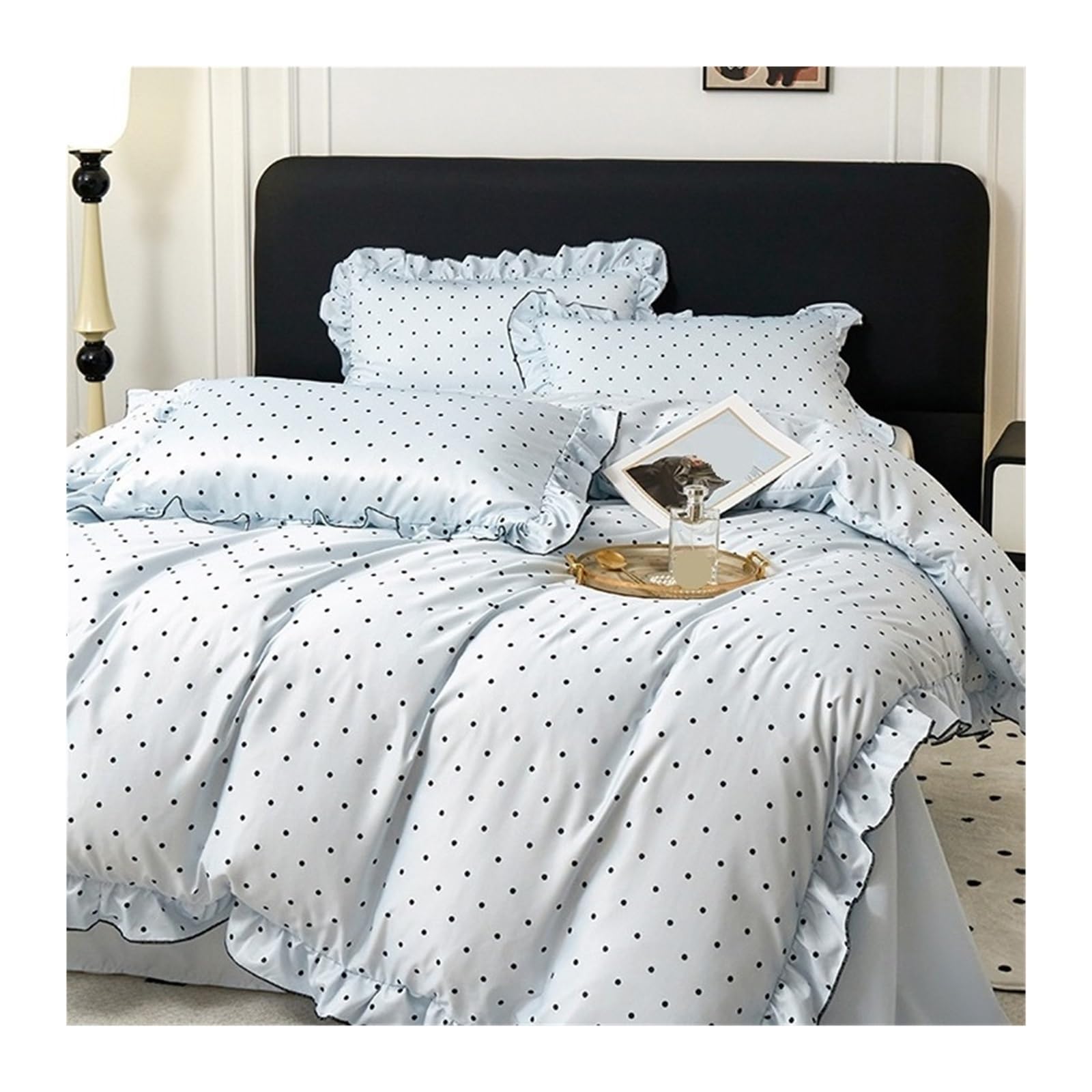 ZHSOAO Lace Duvet Cover Set Dot Print Bedding Ruffles Bed Sheet Pillowcases for Bed(Blue,180x220cm 4pcs)