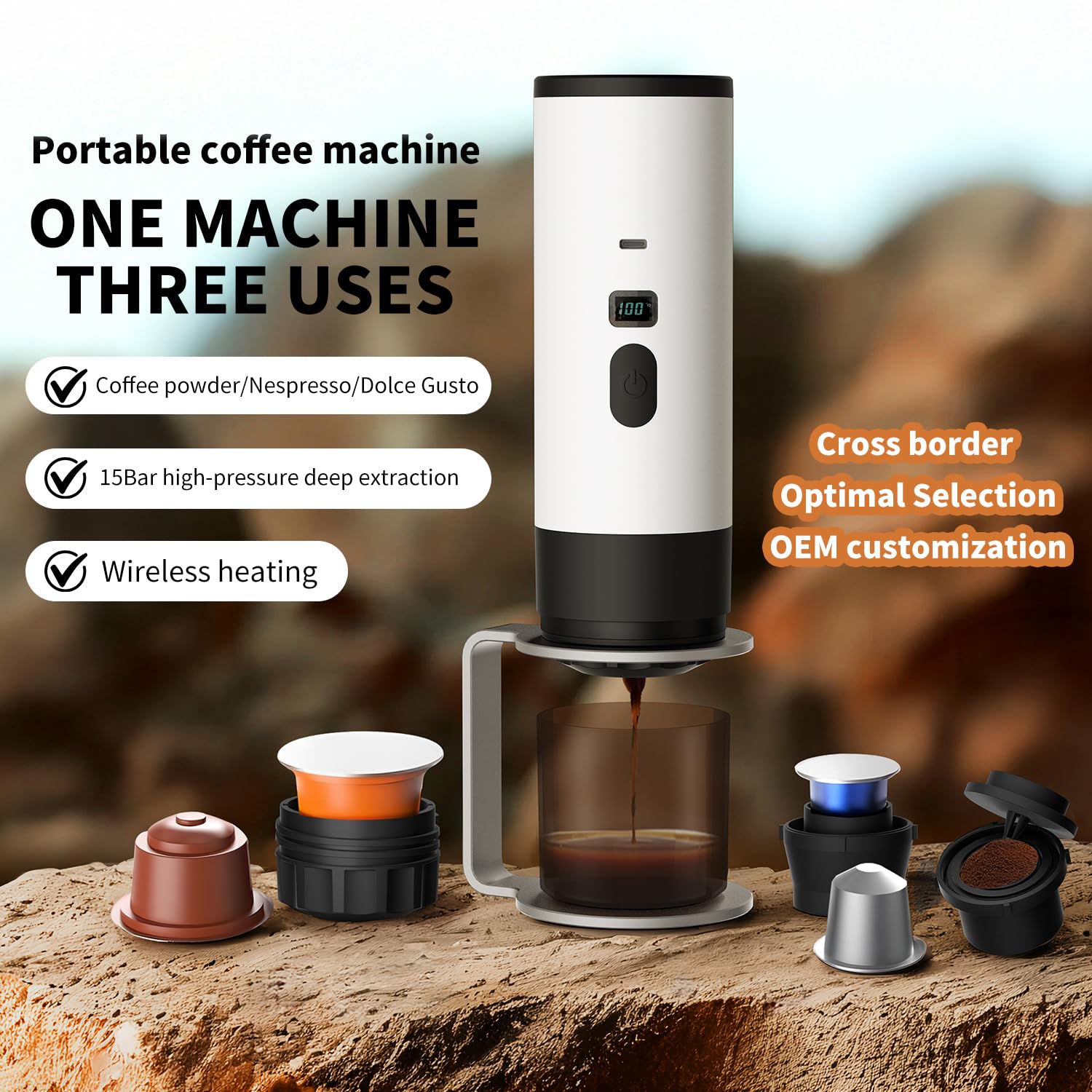 Generico Macchina da Caffe Portatile 3-in-1, Macchina per Caffè Espresso Portatile con Display LED e Serbatoio 90ml,15 Bar, Auto-Riscaldamento, USB-C, con Caffè Macinato/Capsula NS (Bianco) - 3