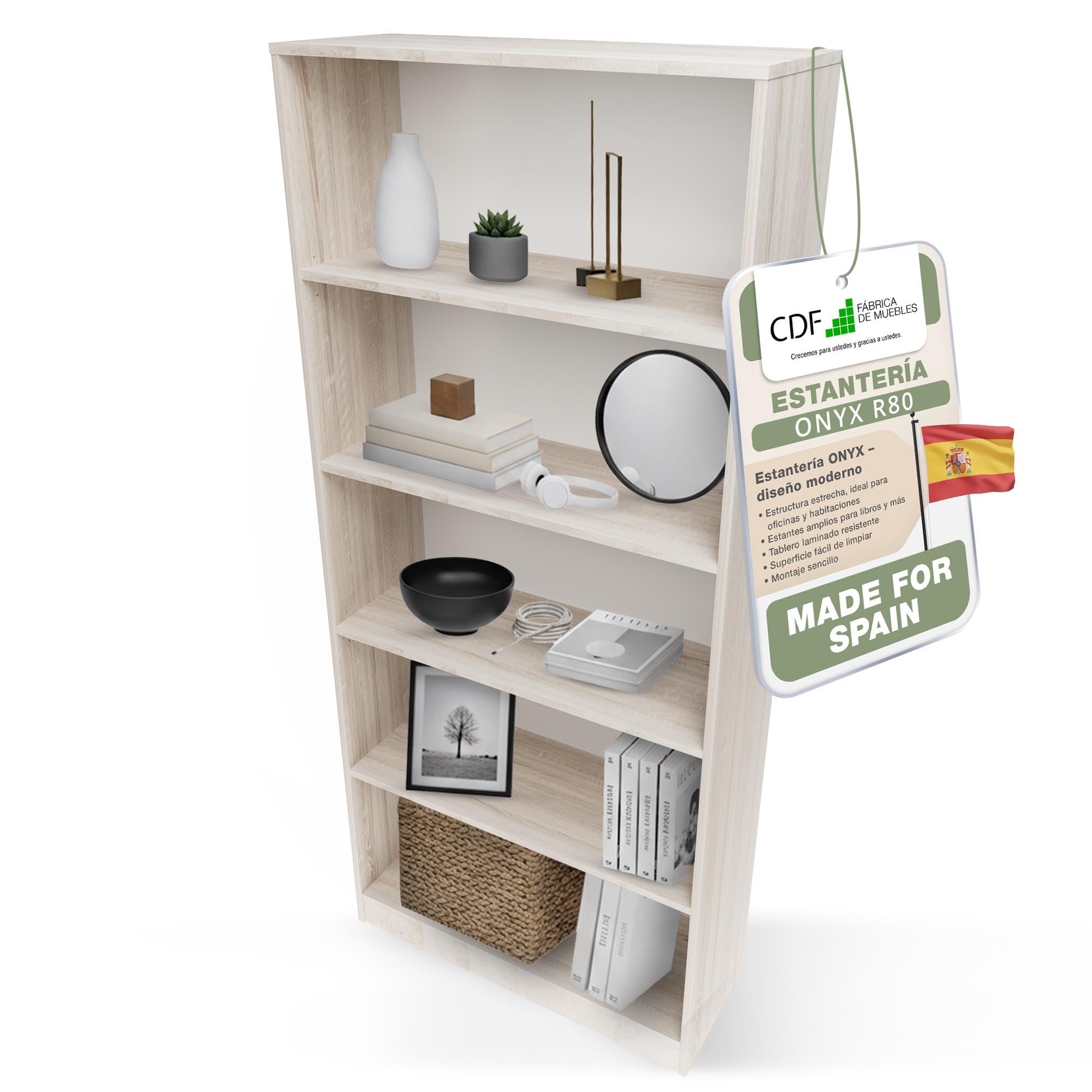 CDF Librería Estantería Abierta con Niveles Mueble para Oficina Sala de Estar Habitacion y Estudio Juvenil Comedor Dormitorio Estrecha Documentos Decoración Moderna Vertical -Roble Sonoma 80 cm