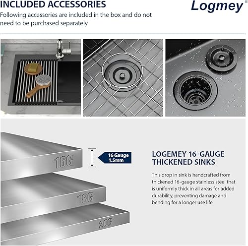 Vista 22 de Logmey Fregadero de cocina negro de 33 x 22 pulgadas, estación de trabajo SUS304, calibre 16, acero inoxidable, cuenco individual, montaje superior