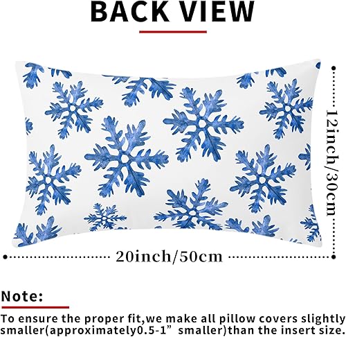 Miniatura 3 de Juego de 2 fundas de almohada lumbar de invierno con copos de nieve azules de 12 x 20 pulgadas, juego de 2 fundas de almohada blancas de Navidad con
