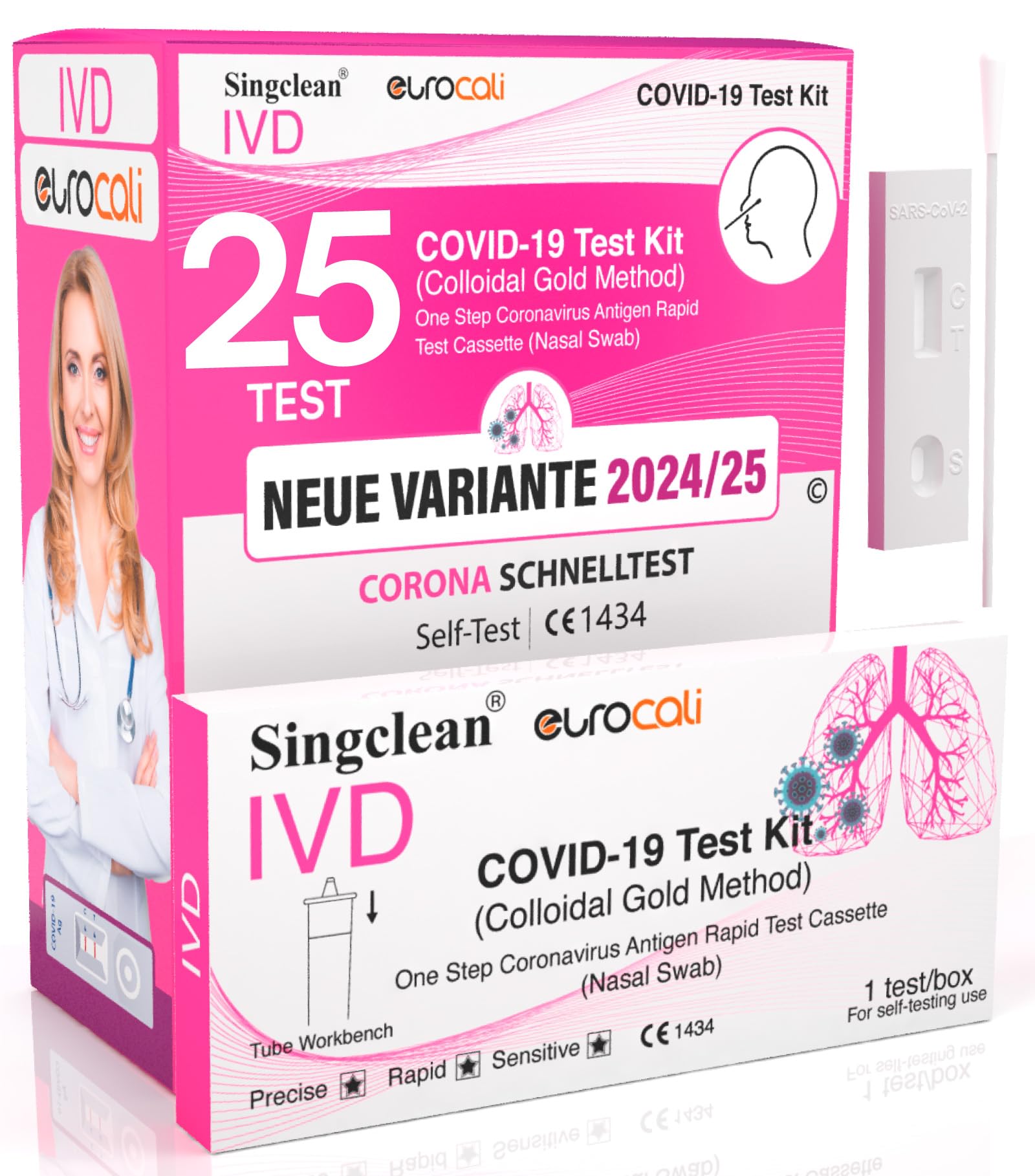 25x Corona Schnelltest Neue Variante 2025 Test Covid-19 Selbsttest Nasales Antigentest auf SARS-CoV-2 für zu Hause zur Eigenanwendung - Singclean IVD - 25 Stück Einzelverpackt