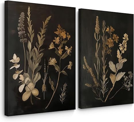 Vintage Floral Wall Art Decor Black Botanical Canvas Art Moody Flower Wall Art Dark Academia Poster Painting Vintage Floral Prints Pictures for Bedroom Living Room 12x16 Inch Framed Set of 2
