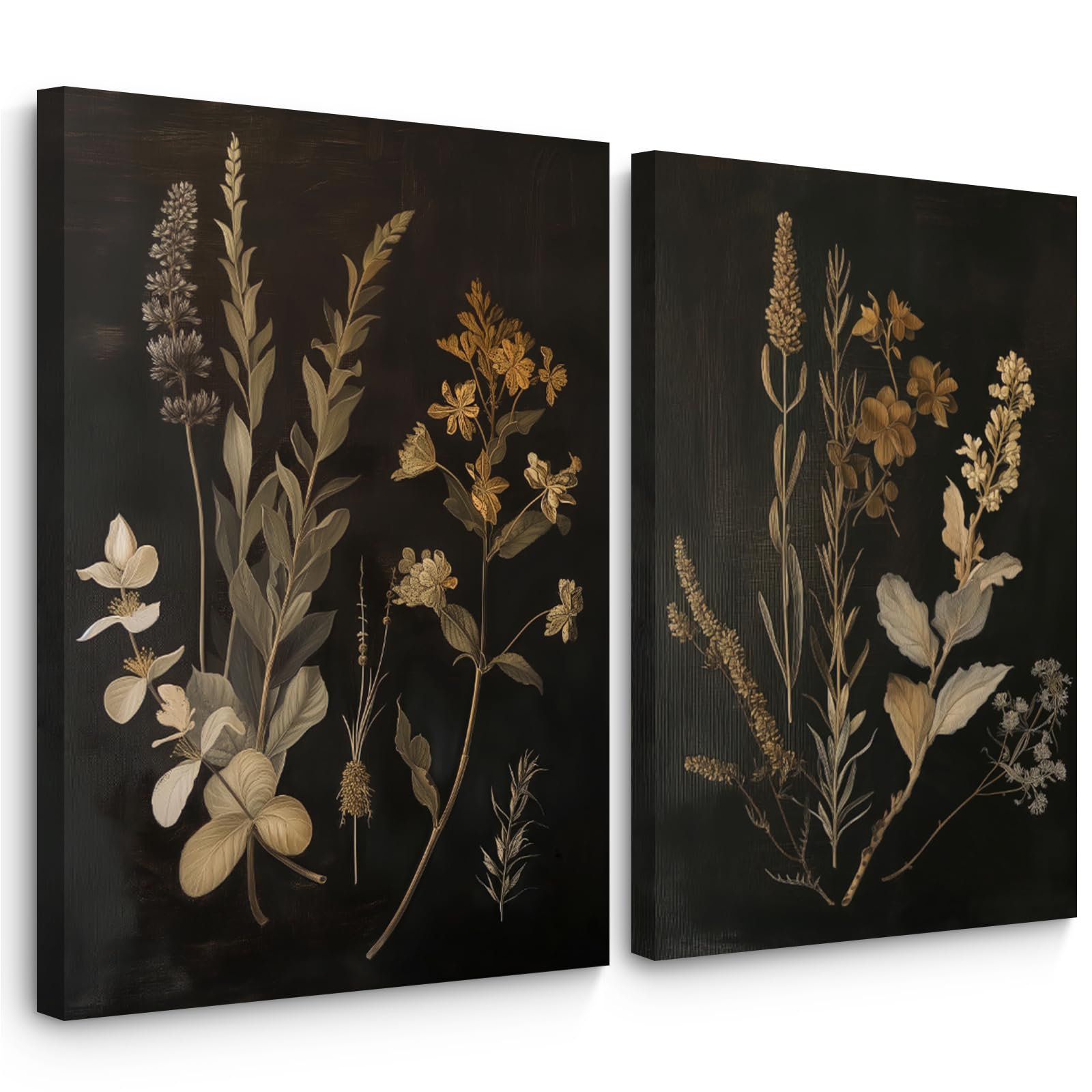 Vintage Floral Wall Art Decor Black Botanical Canvas Art Moody Flower Wall Art Dark Academia Poster Painting Vintage Floral Prints Pictures for Bedroom Living Room 16x24 Inch Framed Set of 2