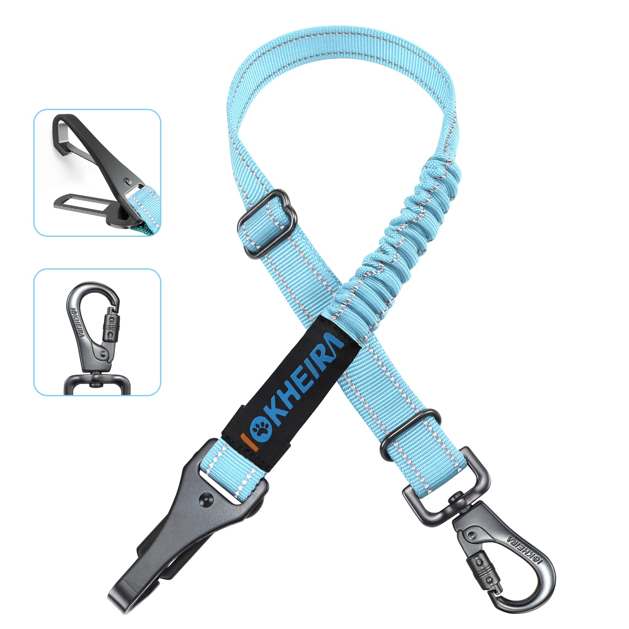 Dog Seat Belt 3-in-1 Car Harness for Dogs Adjustable Safety Seatbelt for Car Nylon Reflective Bungee Fabric Dog Car Harness with Clip Hook Latch &amp; Buckle, Swivel Zinc Alloy Carabiner (Light Blue)