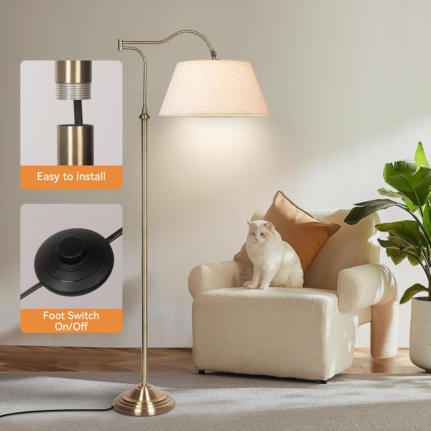 Swing Arm Floor Lamp, Brass Floor Lamps for Living Room with 180° Adjustable Cantilever, Beige Linen Lampshade, Mid Century Floor Lamp for Bedroom Office Home Nursery Study Room Hotel(Bronze)