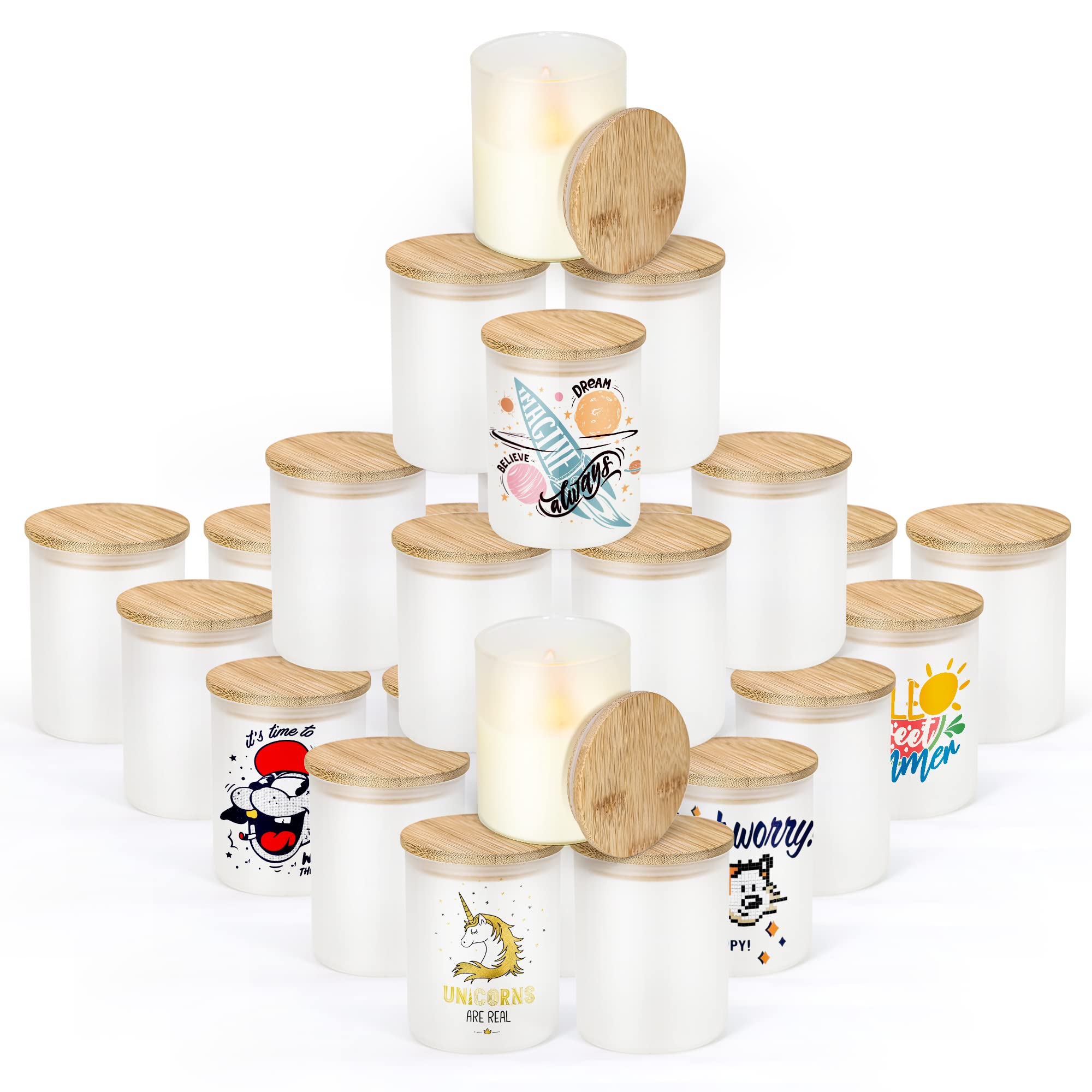 AGH 10oz Sublimation Glass Tea Light Candle Holder with Bamboo Lids 50 Pcs Sublimation Frosted Glass Jar for Party Decorations, Birthday, Wedding and Dinner Table Decor