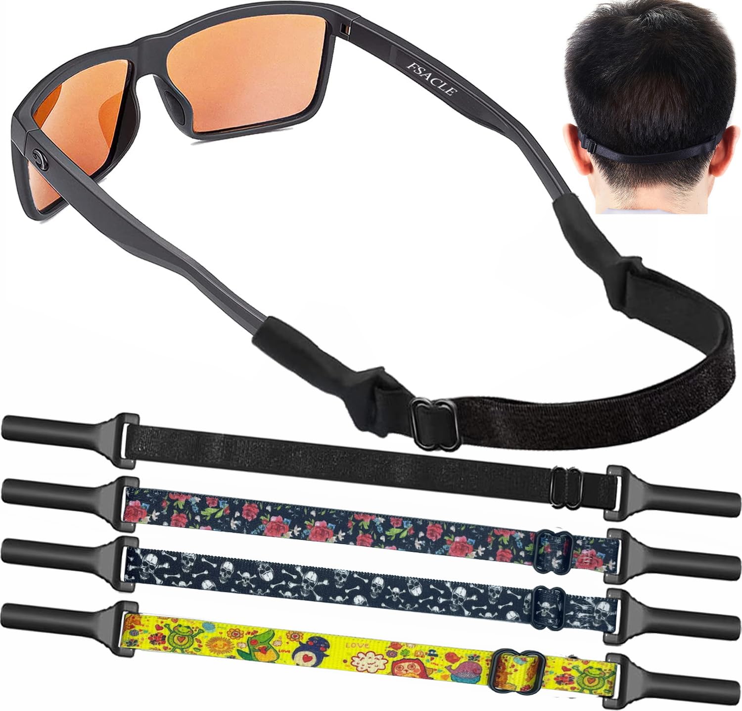 KSACLE Adjustable Glasses Strap, Upgrade 4 Pack No Tail Eyeglass Straps, Universal Fit Rope Eyewear Retainer, Sport Unisex Sunglass Retainer Holder Strap for Men, Women and Kids (Mix, 8-13 inch)