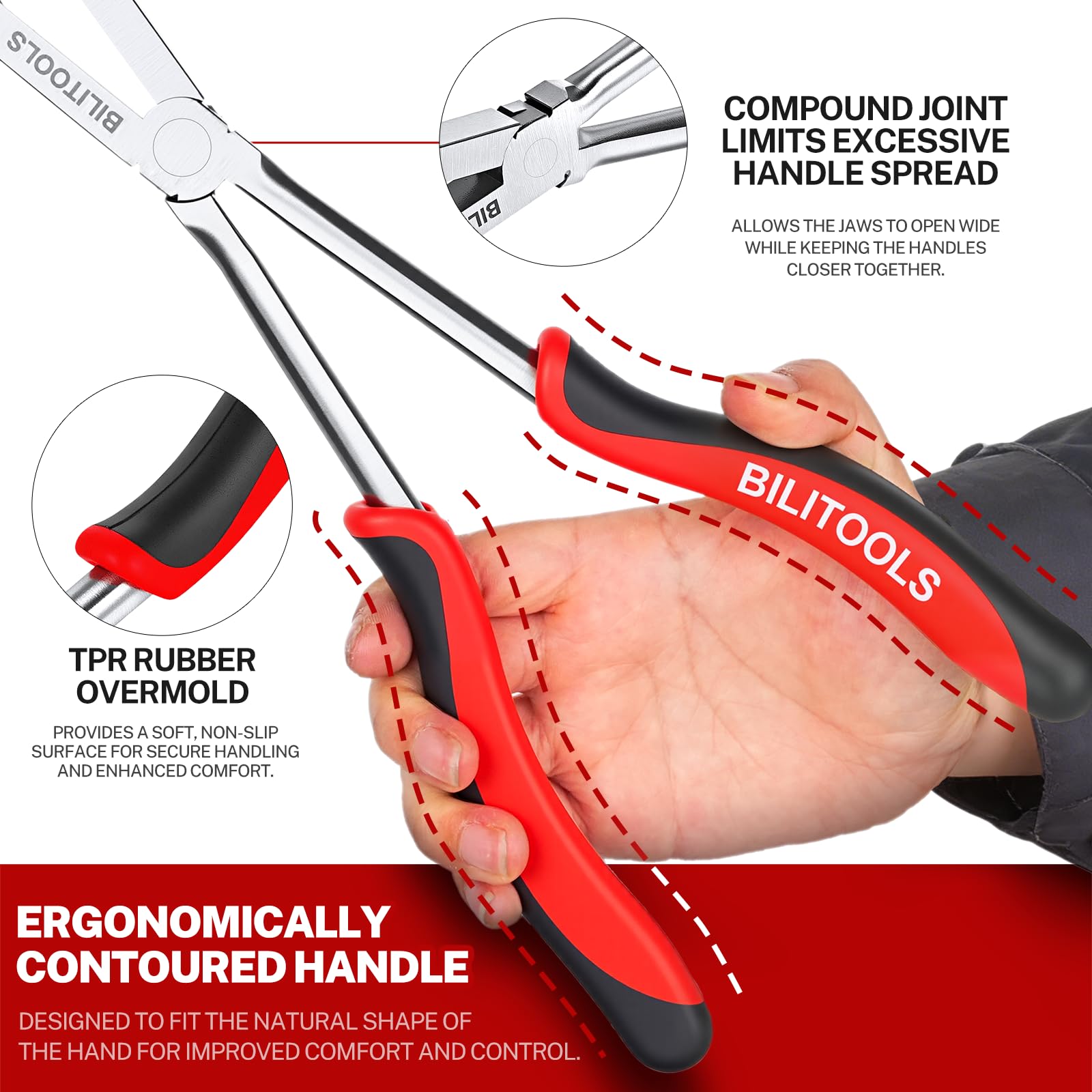 BILITOOLS Pinza extra lunga per anelli di sicurezza esterni da 33 cm, doppio snodo, ampia apertura a ganasce, per spazi ristretti e auto.