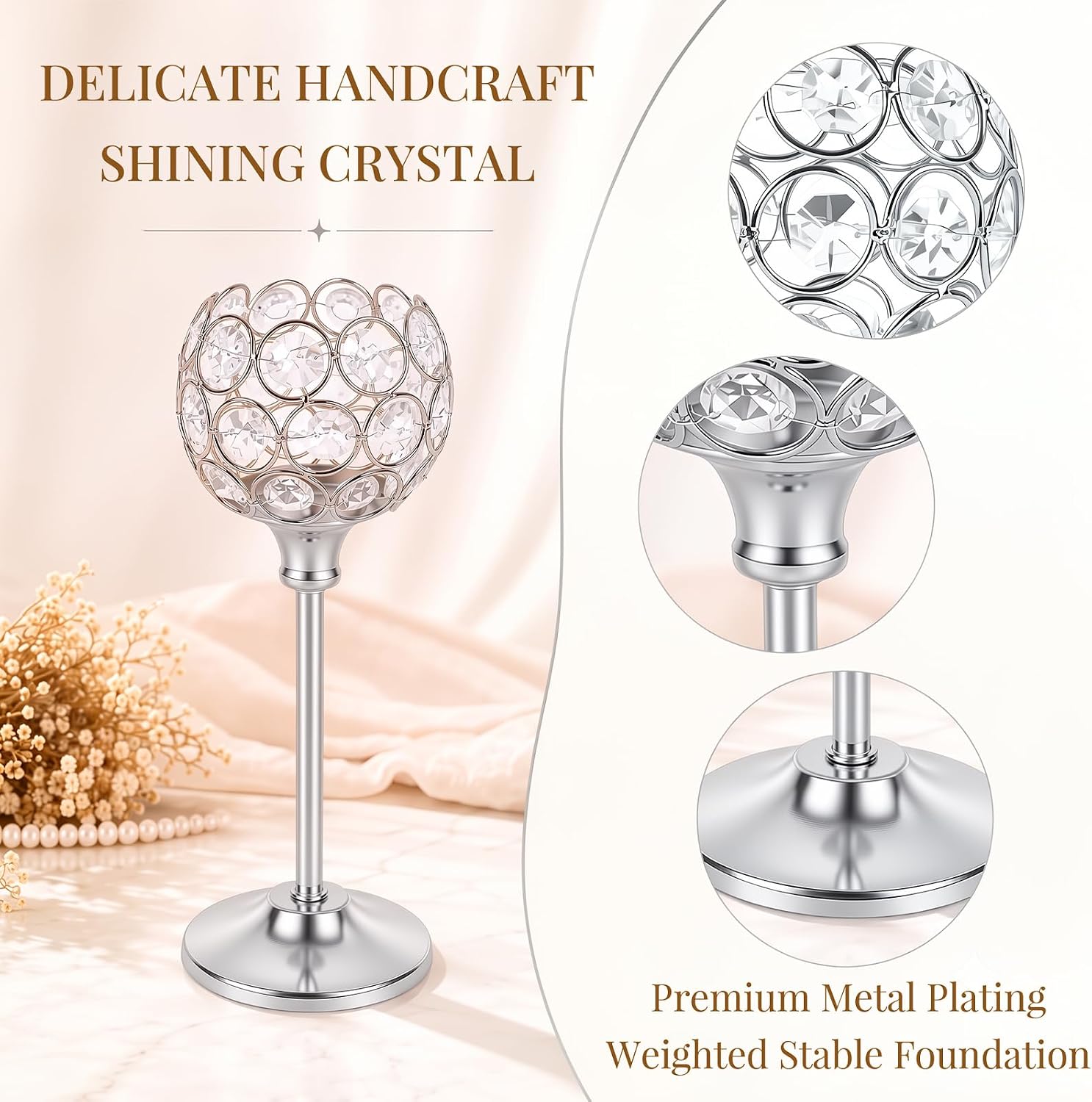 Crystal Candle Holders Silver Vintage Hollow Ball Candle Stand 3PCS