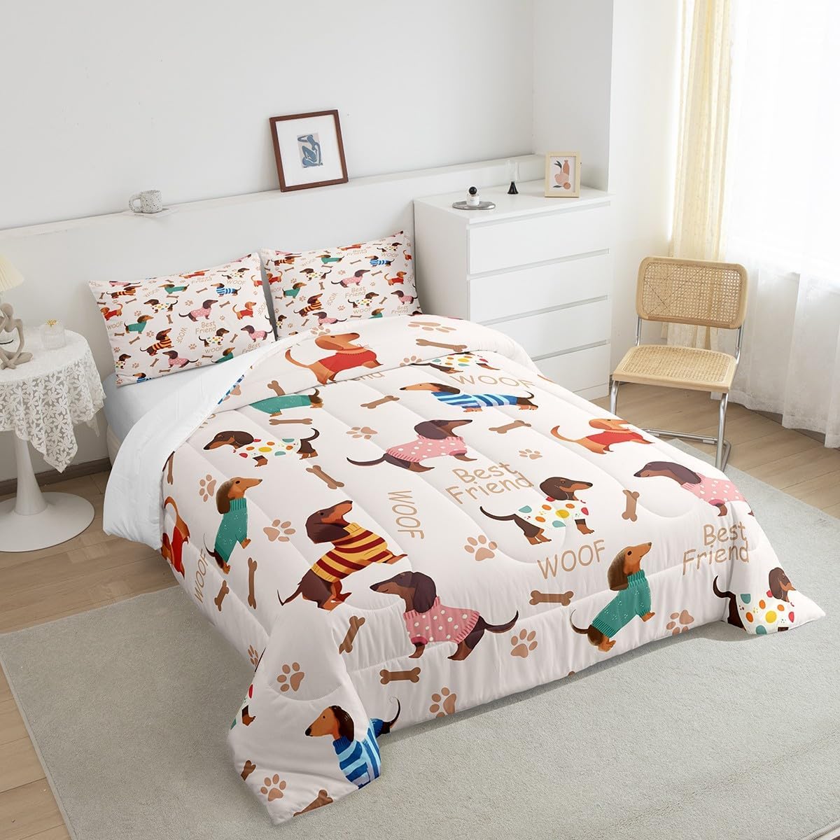 Manfei Cute Dachshund Comforter Set for Kids Adults,Cartoon Puppy Long Body Bedding Comforter Sets Full,Dog Footprint Bone Silhouette Quilt Comforter with 2 Pillowcases