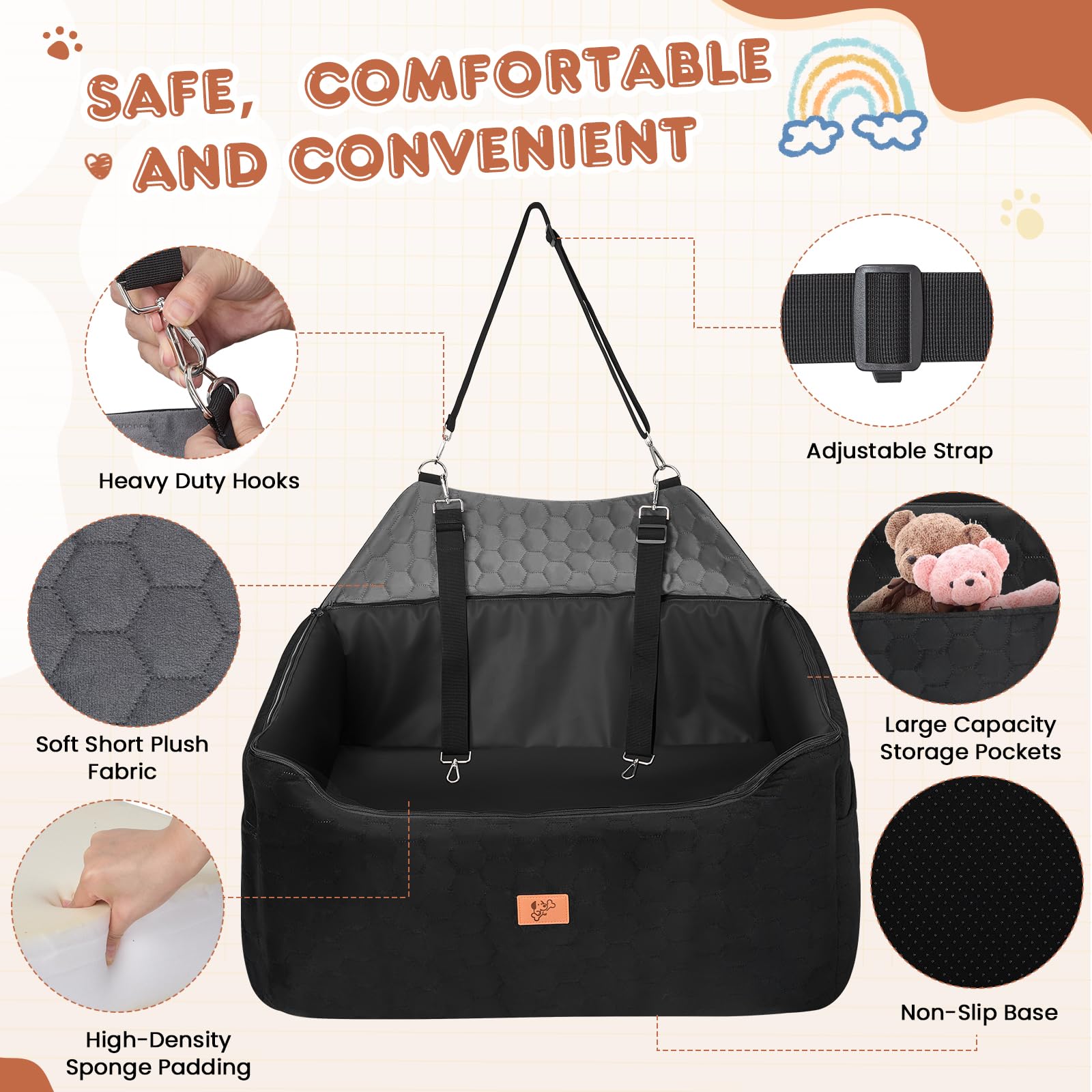 Seggiolino Auto per Cani 78x55x53cm, Rialzo Rimovibile e Lavabile per Cani di Taglia Media e Grande, Guinzaglio Incluso, Seggiolino Cane Auto più Pesanti (con Rivestimento in Pelle Impermeabile)