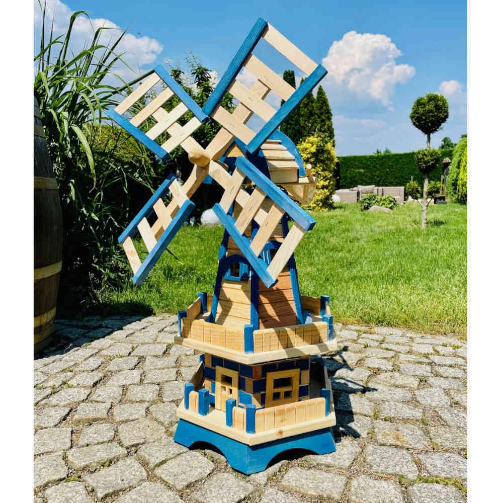 handgefertigte Sechseck Doppelstock-Garten-Windmühle aus Holz Natur/Blau Höhe 93 cm