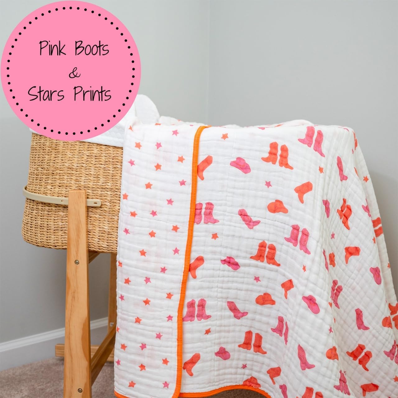 LollyBanks Muslin Baby Blanket 100% Organic Cotton, Muslin Quilt Lightweight, Western Girl Muslin Blanket, 6 Layers Baby Blankets 47"x 47", Soft Nursery Receiving Blankets (Pink Boot) - Image 6