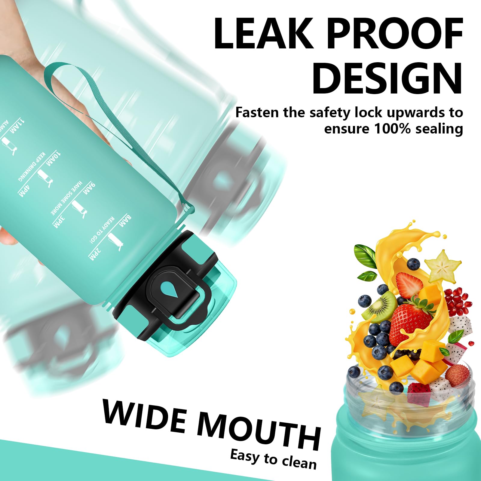 Gourde 500ml Anti Fuite, Gourde Motivation, Verrou de Sécurité, Bouteille d'eau avec Paille, Facile à Nettoyer, Gourdes avec Marqueur de Temps pour École, Velo, Cyclisme - 4