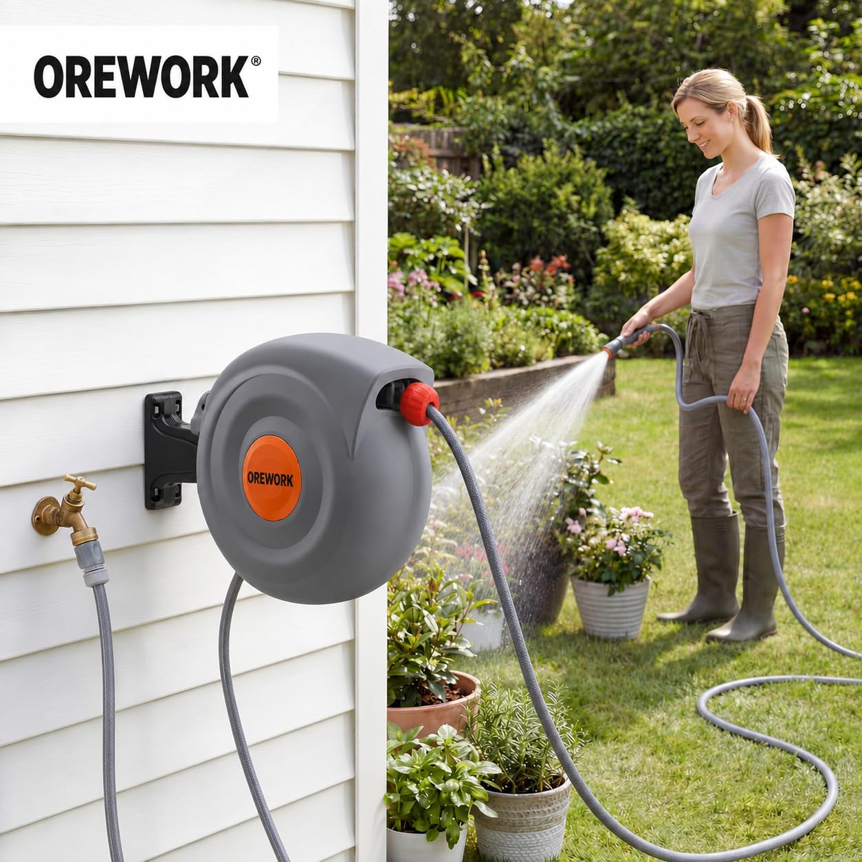 OREWORK Enrollador Automático de Manguera, 20 m, Diámetro 12 mm, con Muelle Retráctil, Soporte de Pared, Lanza de Riego