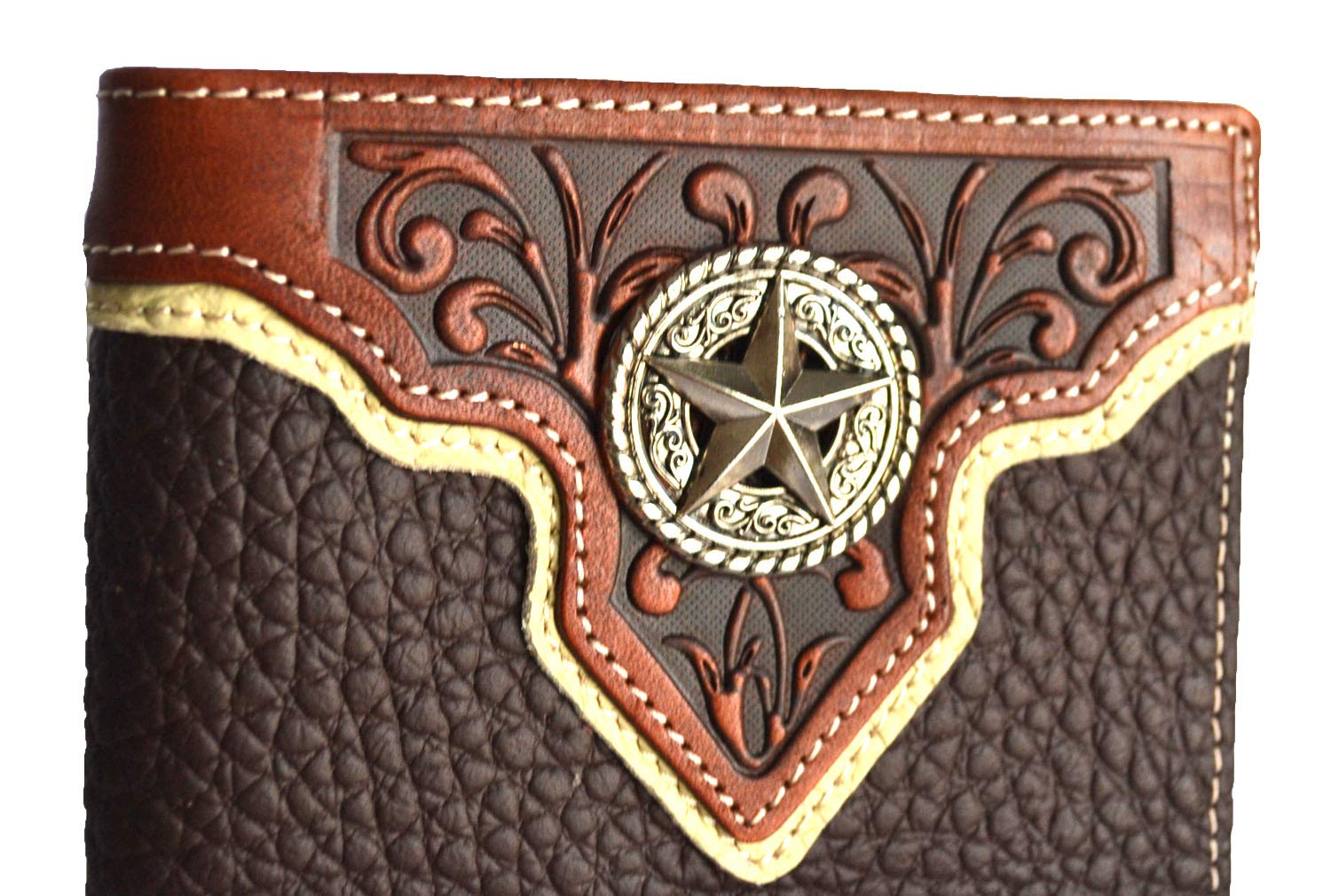 Men western cowboy brown leather texas star concho bifold small wallet