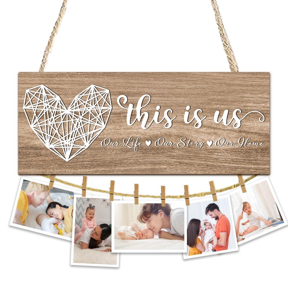 Family Wooden Photo Holder Frame Decor With 8 Clips - Home Picture Hanging Display Board For Family & Friends - This Is Us Our Life Our Story Our Home - Wedding, Anniversary, Housewarming Gifts - A03