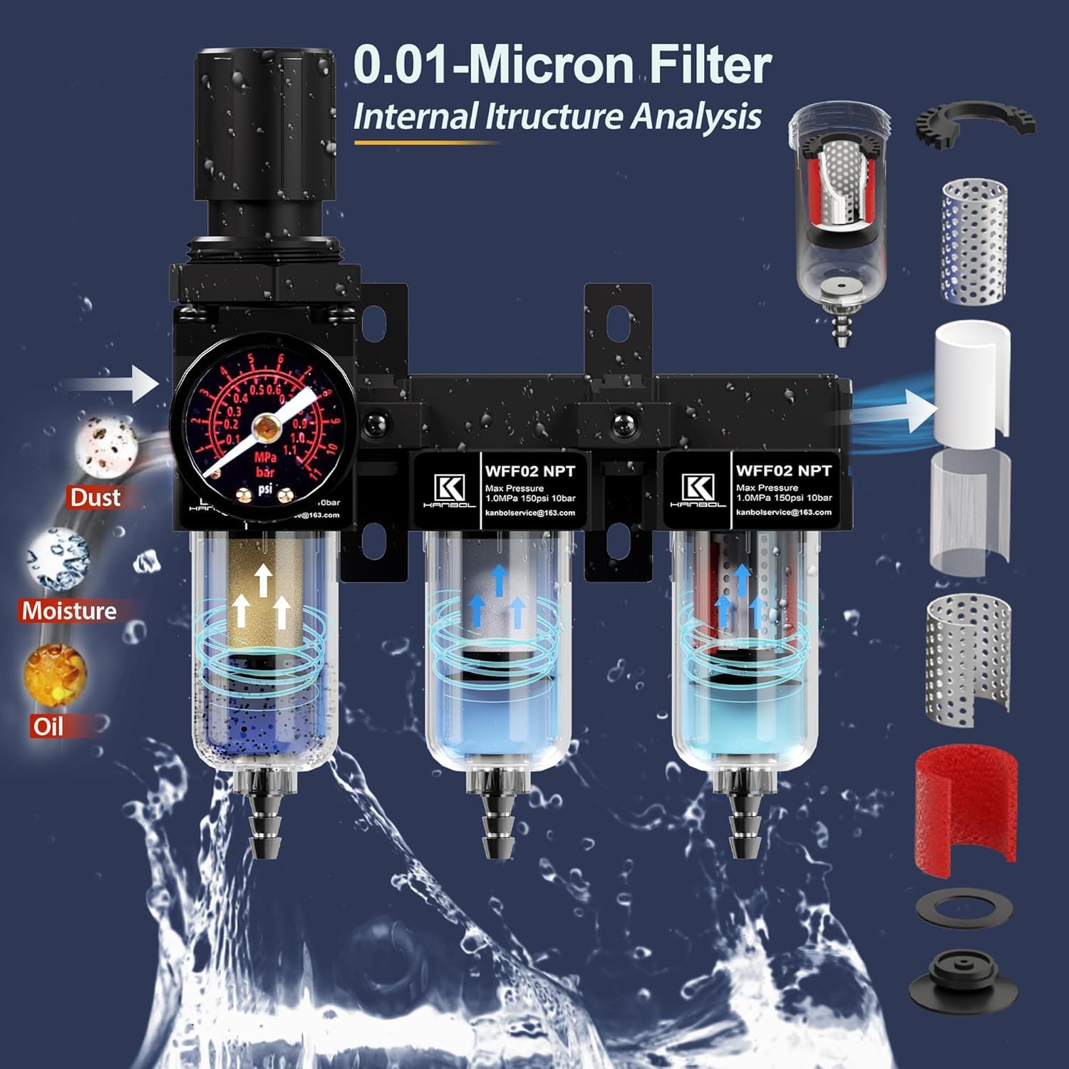 Filtre et régulateur NPT 3 étapes 6,35 mm avec manomètre, système de séchage à l'air, cartouche filtrante en laiton 5, 0,5, 0,01 micron, séparateur d'eau pour compresseur d'air, noir