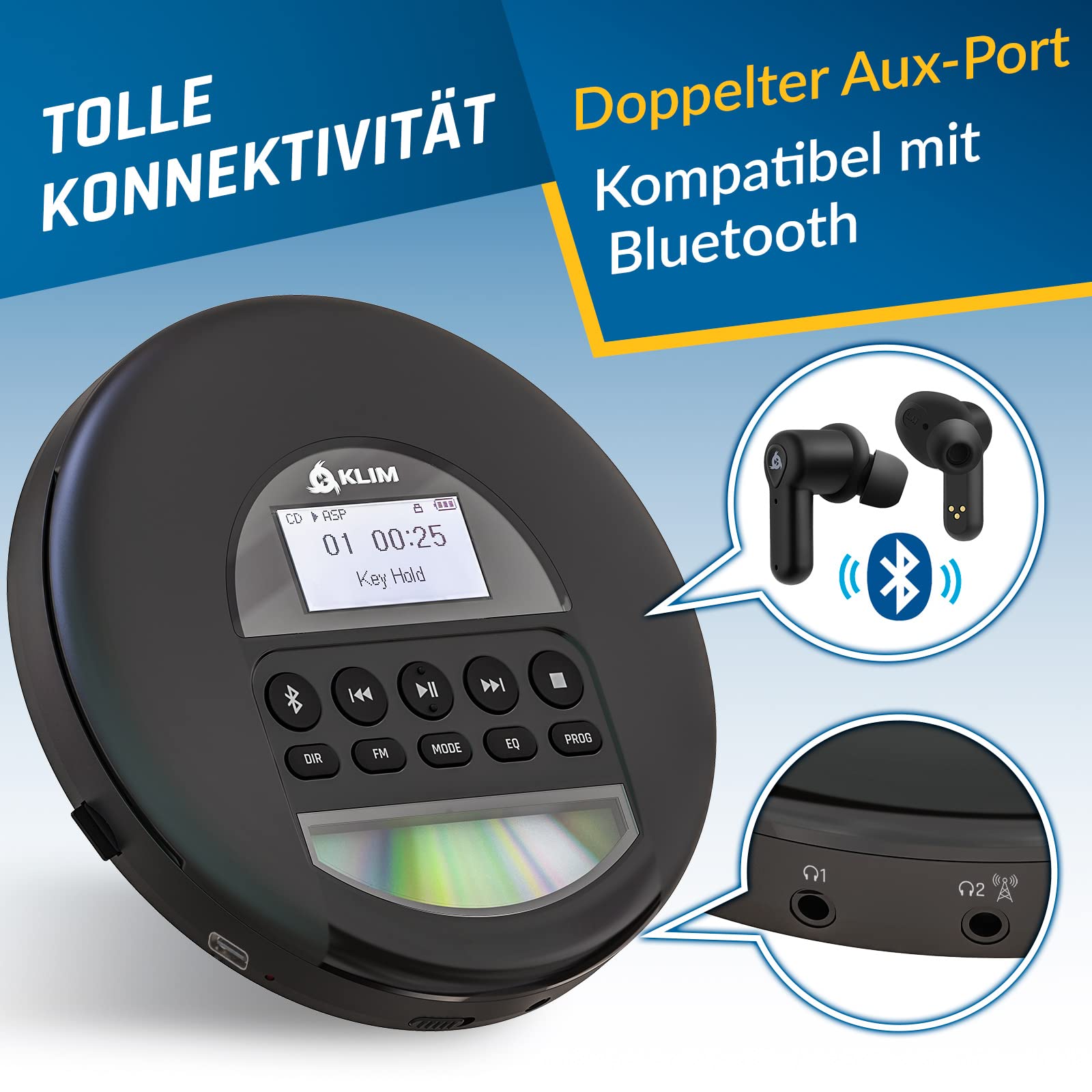KLIM Nomad CD Player Bluetooth – Tragbarer Discman mit langlebigem Akku – Inklusive Kopfhörer – CD-R, CD-RW, MP3 – Mit TF-Reader, FM-Radio – Ideal für Autos – Tragbarer Musik-Player