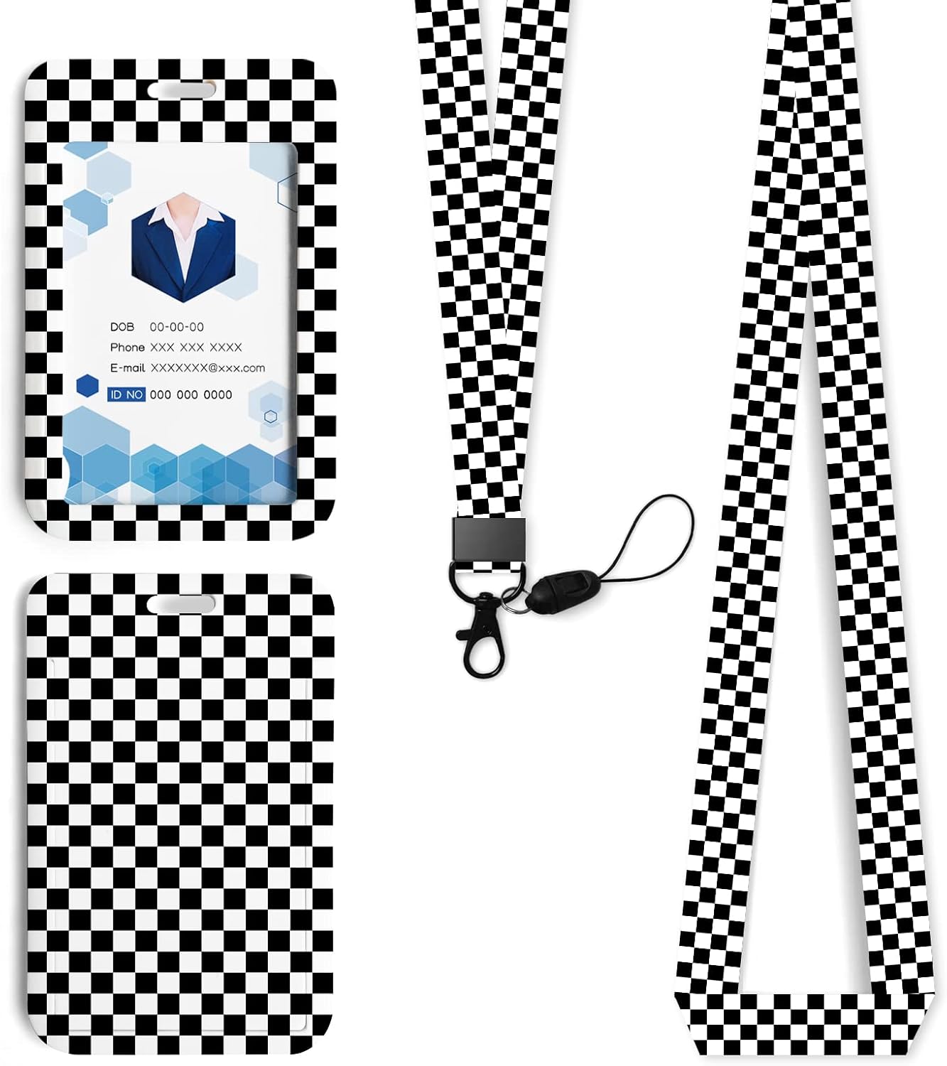 Black and White Checkered Id Badge Holder with Lanyard