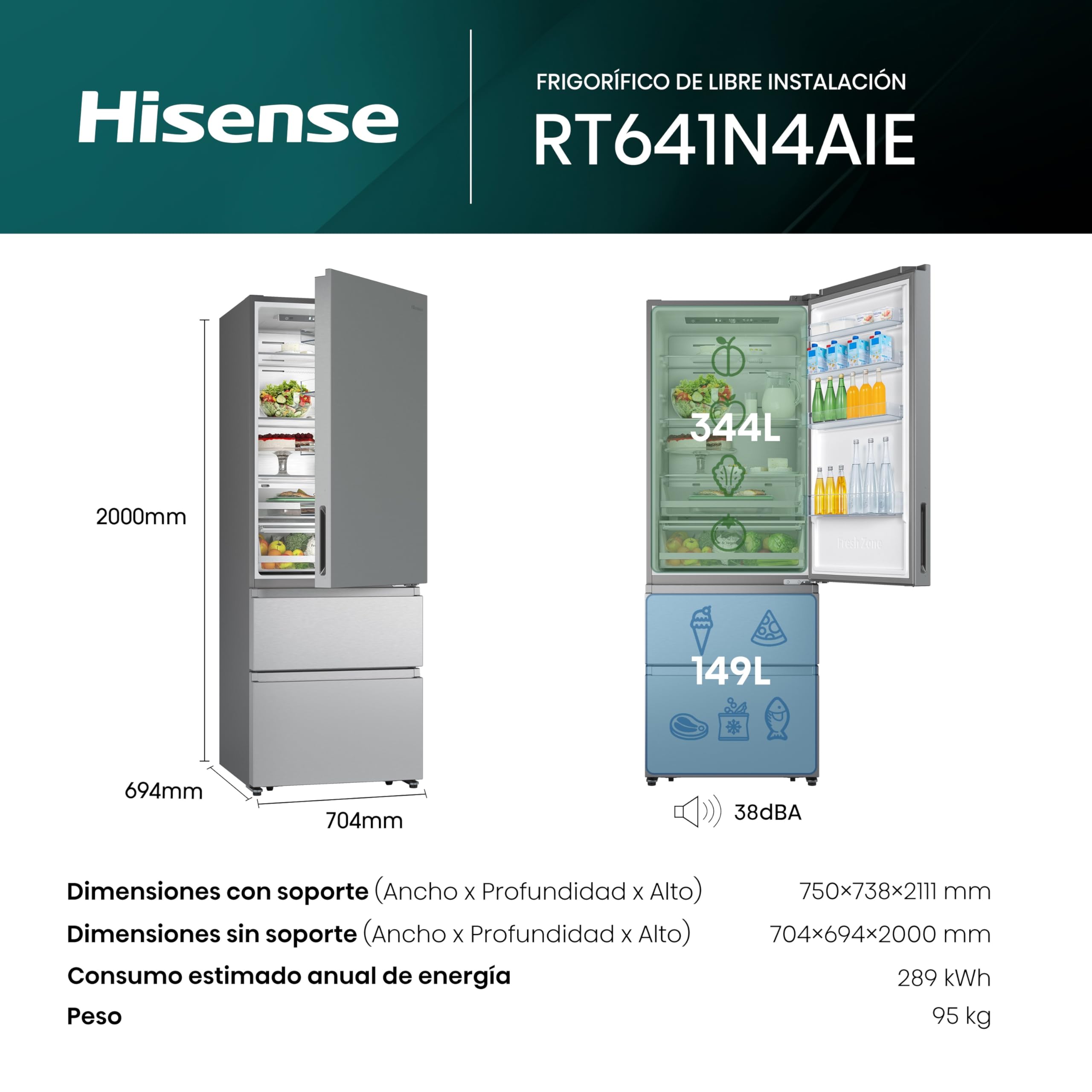 Hisense RT641N4AIE - Frigorífico Combi No Frost Inox Puerta Francesa, Eficiente Clase E, Capacidad 493 L con 200 cm Alto, Super Freeze, Total No Frost, Puerta Reversible, Silencioso 38dB, Color Inox