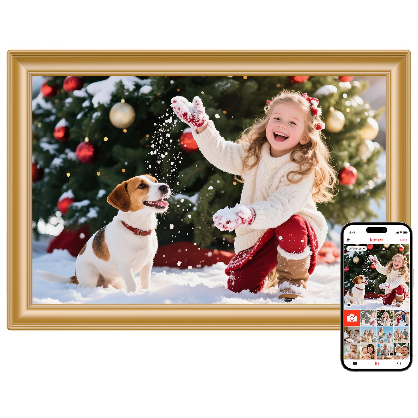 Frameo 10.1 Inch WiFi Digital Picture Frame, 1280x800 HD IPS Touch Screen Photo Frame Electronic, 32GB Storage, Auto-Rotate, Wall Mounted, Share Photos/Videos Instantly from Anywhere - Gold 10.1" Vintage Gold