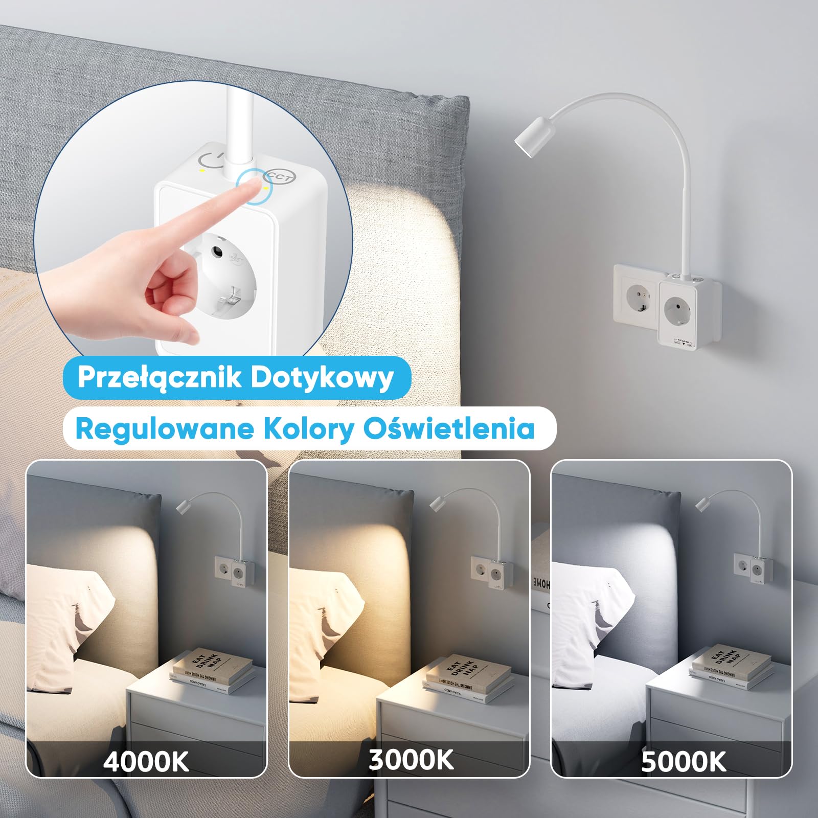 Lampka Nocna do Czytania Na Ścianę, Lampa na Wysięgniku Ścienna do Czytania LED z Wtyczką i Gniazdo Elektryczne, Dwa Przełącznik Dotykowy, 3 Kolorów, Porty Wyjściowe USB (Biały 2 Szt)