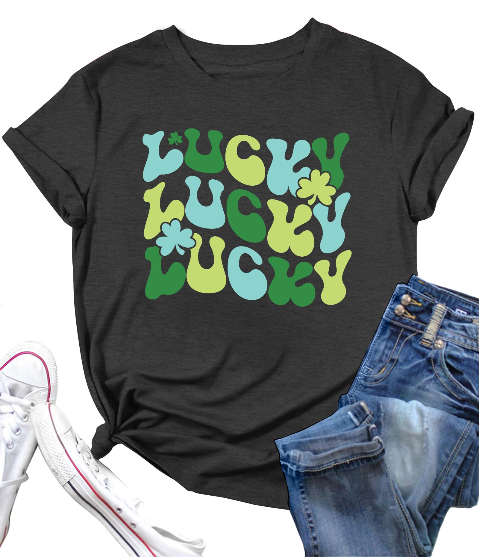 LAZYCHILD St Patricks Day Shirt Women: Lucky Shamrock Tshirt Saint Patricks Day Green Clover Short Sleeve Tops