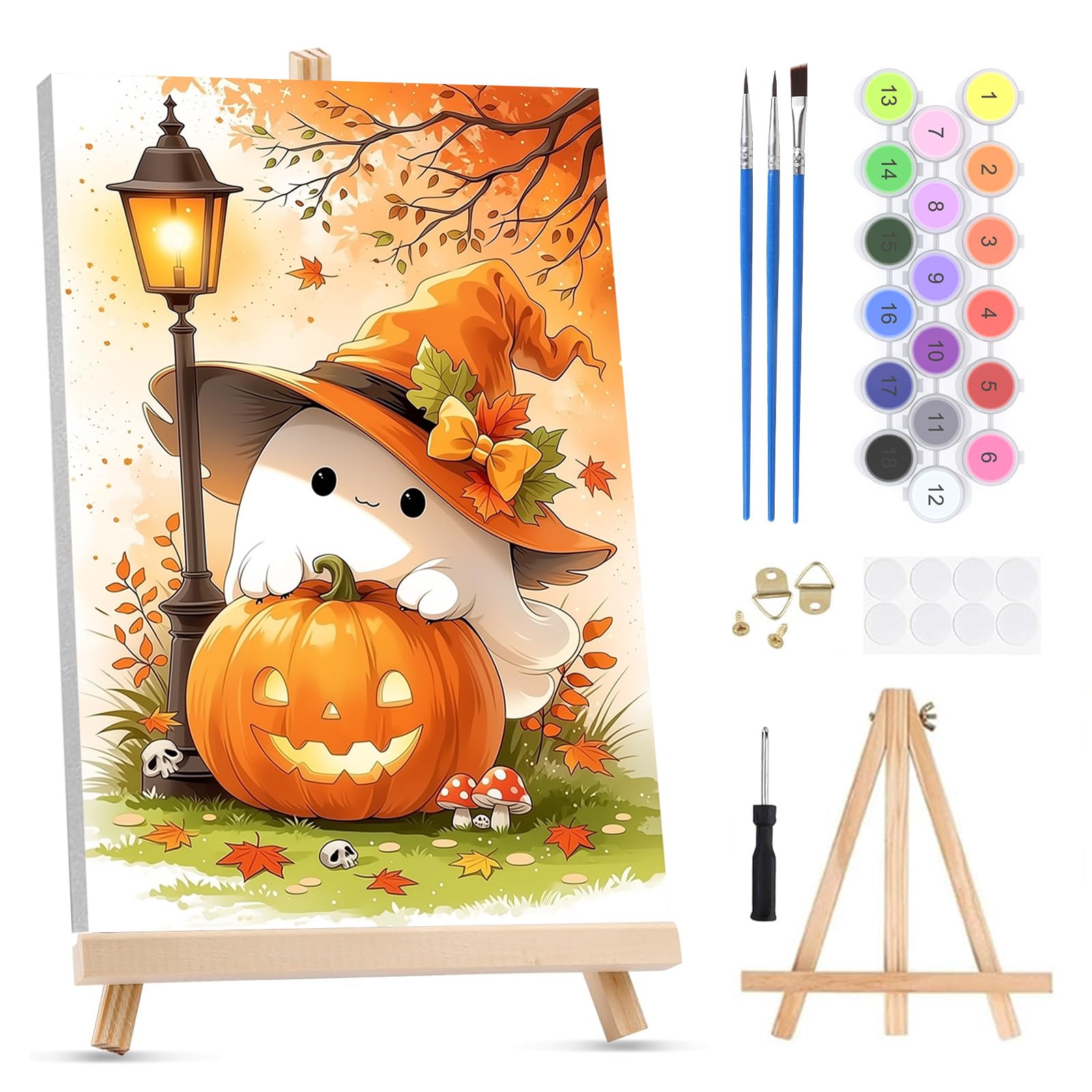 QENSPE Paint by Numbers for Adults on Framed Canvas - with Wooden Easel, Ghost Wizard Painting by Number Kit for Beginners, DIY Pumpkin Acrylic Oil Painting for Home Wall Decor 8x12 Inch