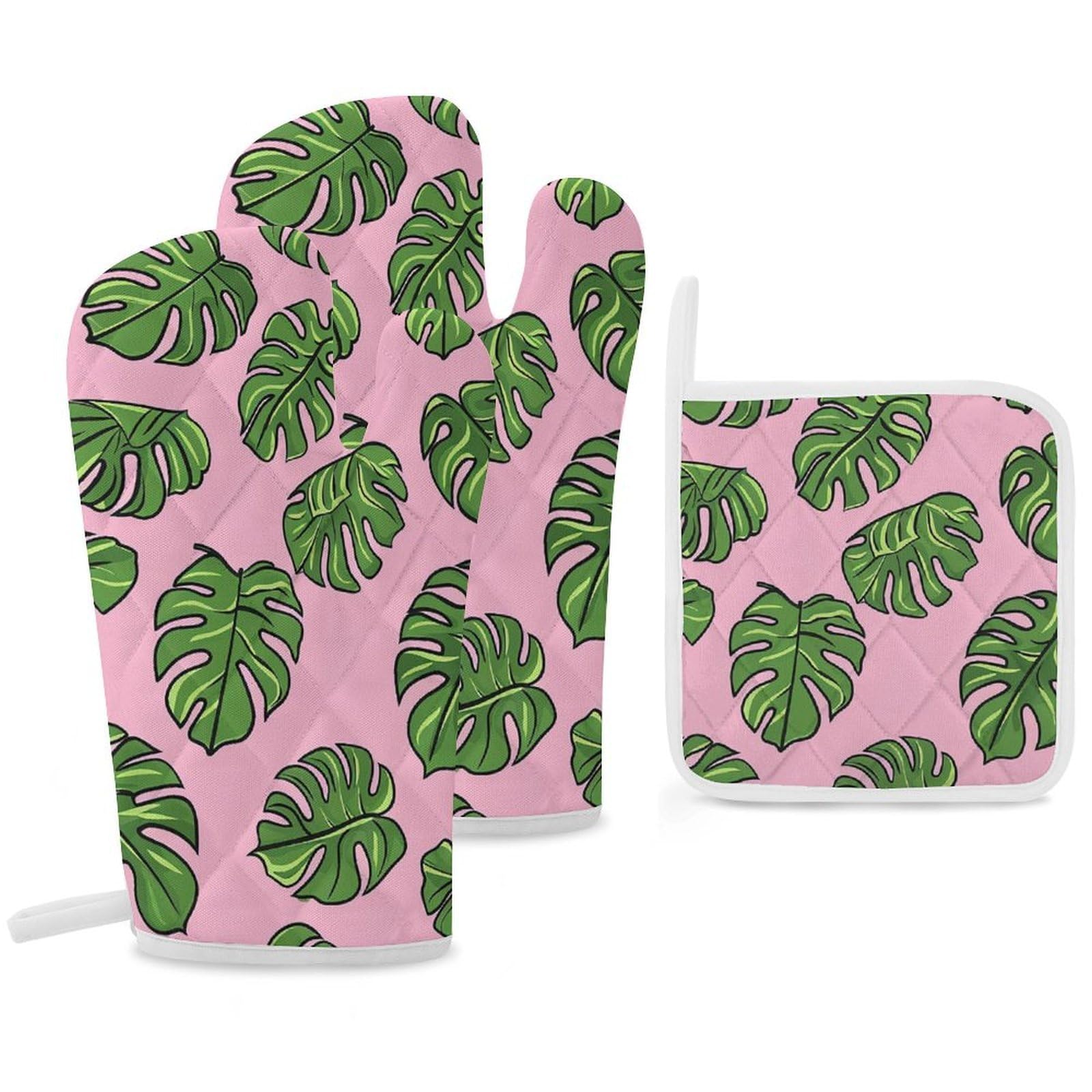 Oven Mitts and Pot Holders Set of 3 Heat Resistant Non-Slip Kitchen Gloves Hot Pads Bold Outline Leaves Mittens Gloves Non-Slip Potholders for Cooking Baking Grilling BBQ