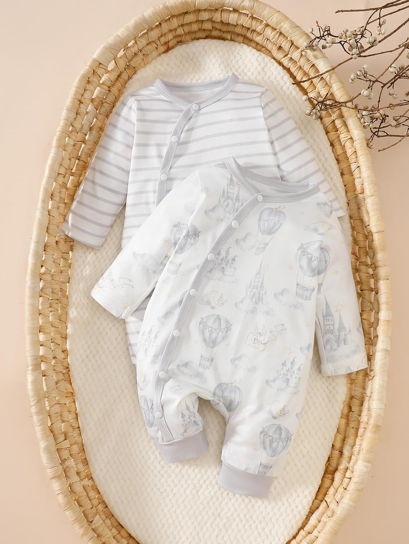 Paquete de 2 mamelucos unisex con cierre lateral para bebé, color gris, con globo, a rayas, neutro, ropa de otoño para bebés
