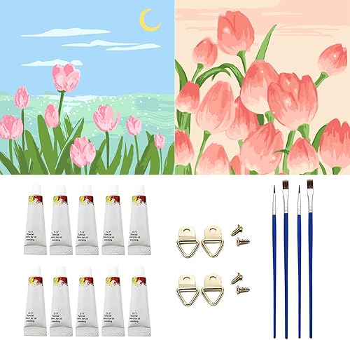 Pretty Jolly Pintura por números para niños de 8 a 12 años, 2 unidades, flores, tulipanes, 8 x 8 pulgadas, kit de pintura al óleo por números para