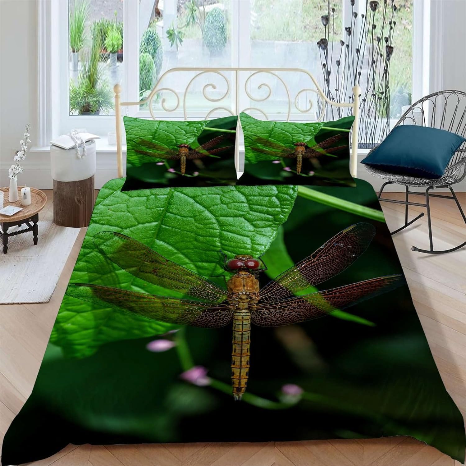 Housse de Couette 160x200 Libellule avec 2 Taies d'Oreiller en Microfibre Douce J518