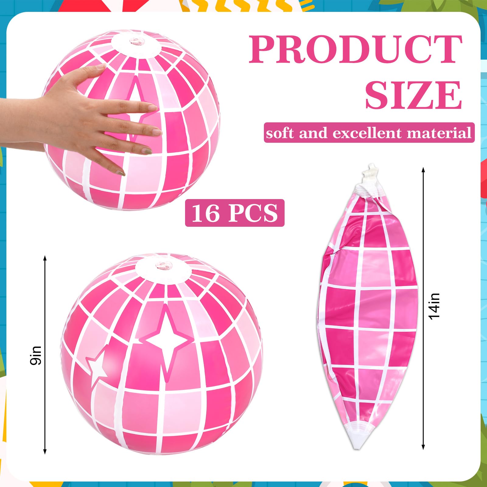 Whaline 16Pcs Disco Inflatable Beach Ball 16'' Pink Pool PVC Balls Cute Game Toys for Summer Beach Disco Party Decor