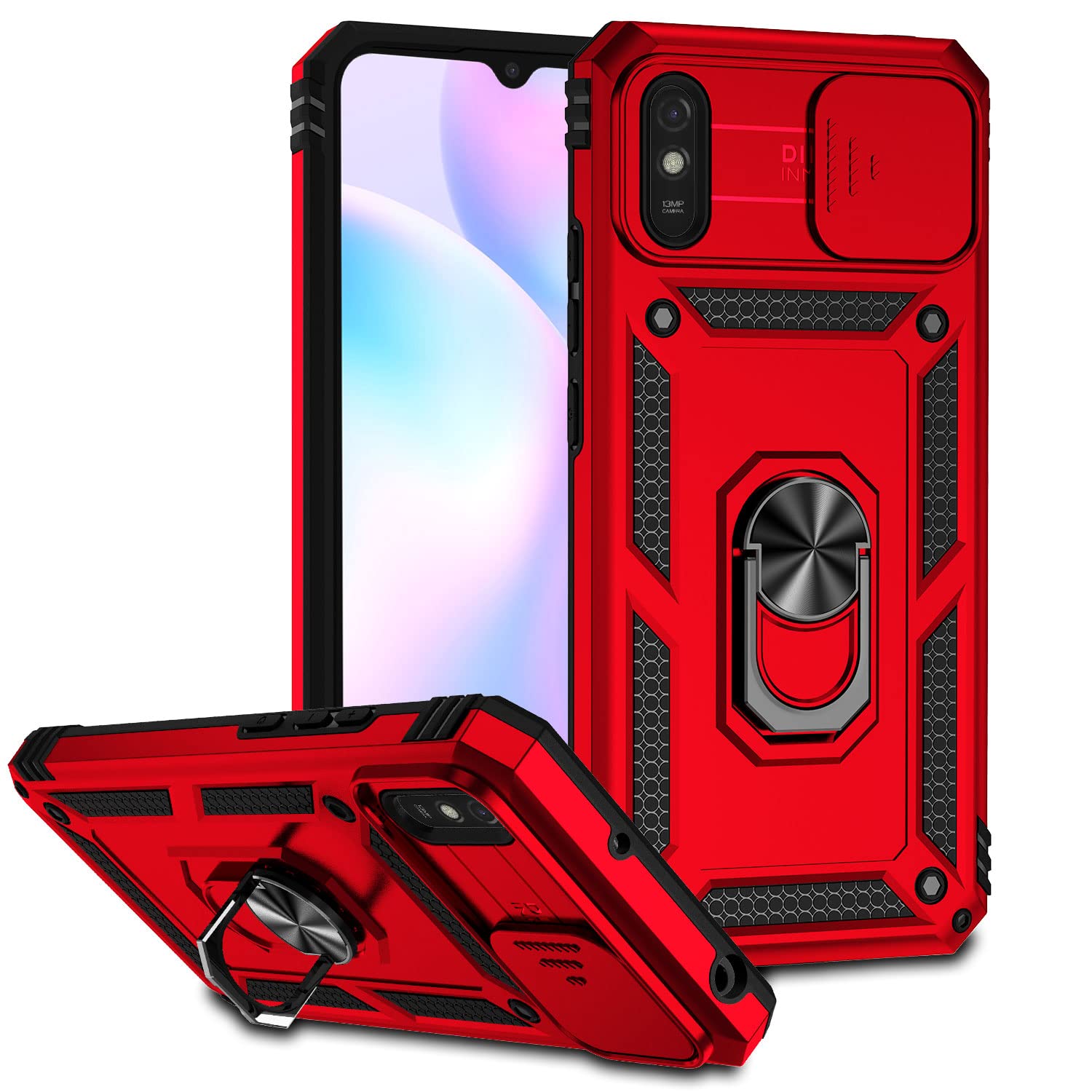 Custodia Protettiva Per Xiaomi Redmi 9AT / 9A - TPU + PC Antiurto - Anello Girevole 360° E Cover Fotocamera - Rossa