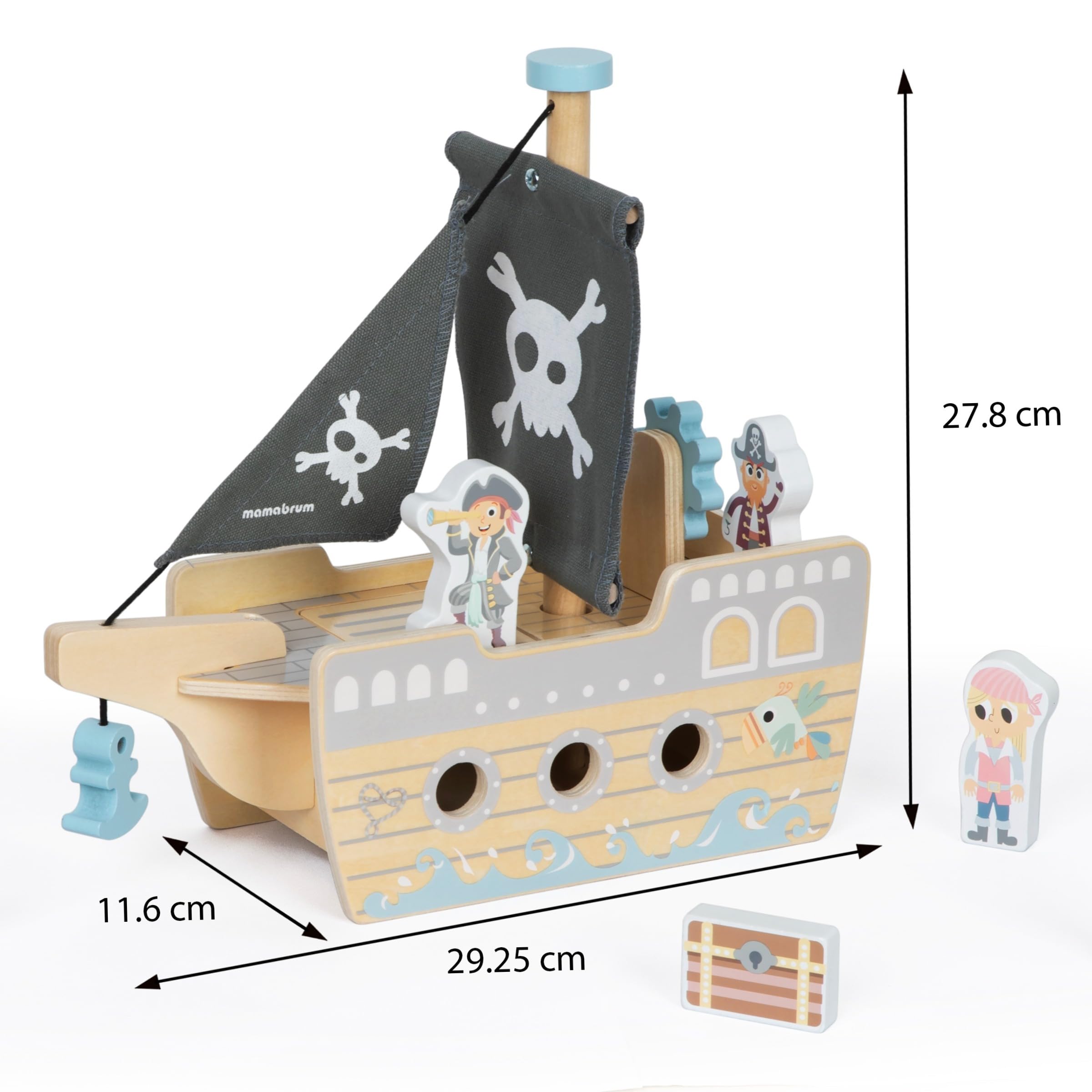 mamabrum Nave Pirata in Legno per Bambini dai 3 Anni in su, Nave Giocattolo con Ponte Apribile e Accessori Inclusi, Nave Pirata Giocattolo con Figure di Pirati