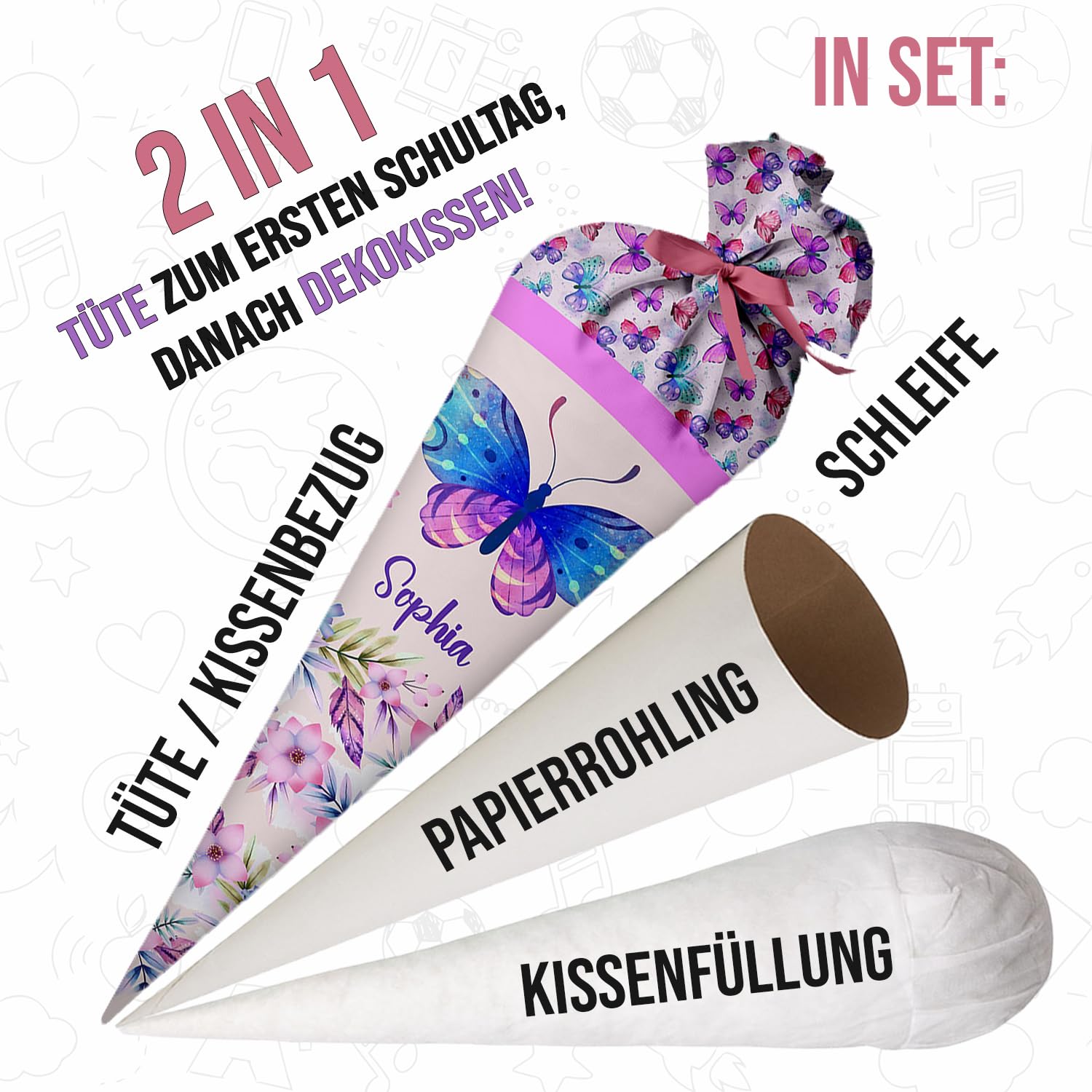 Schultüte Schmetterling 70 cm personalisierte Zuckertüte aus Stoff mit Namen runde Papprohling Silikonkügelchen Kissen