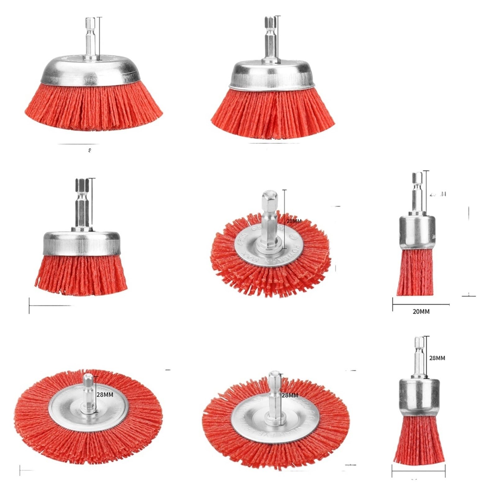 Tarcze szczotkowe z drutu, Szczotka ścierna nylonowa 25-100 mm 1/4" Wiertło z chwytem sześciokątnym Do usuwania drewna i metalu(8Pcs set)