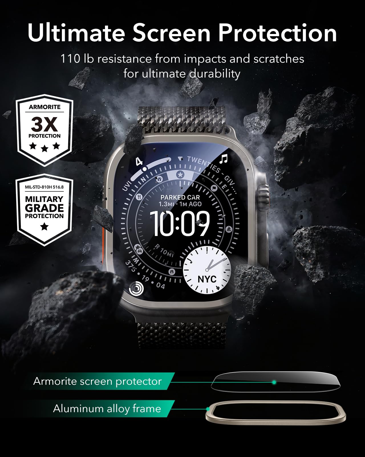 ESR Armorite Protezione per lo schermo per Apple Watch Ultra 3/2/1 (2025/2024/2023/2022, 49 mm), Protezione di livello militare, Vetro temperato con cornice in alluminio, Antigraffio, 2 Pezzi, Titanio