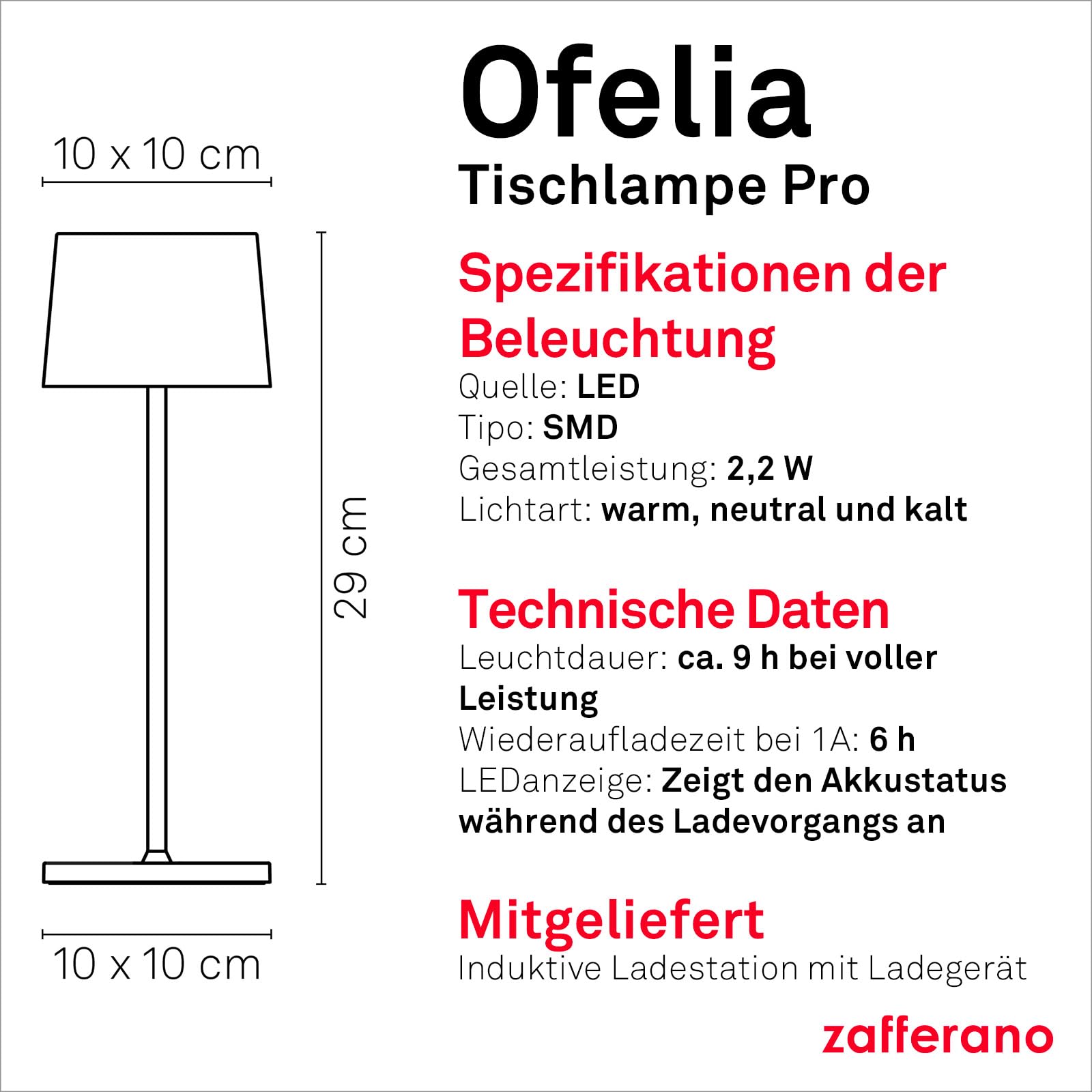 Zafferano, Ofelia Lampe, Kabellose, Wiederaufladbare Tischlampe mit Touch Control, Auch für den Außenbereich Geeignet, Dimmer, 2200-3000 K, Höhe 29 cm, Farbe Salbei