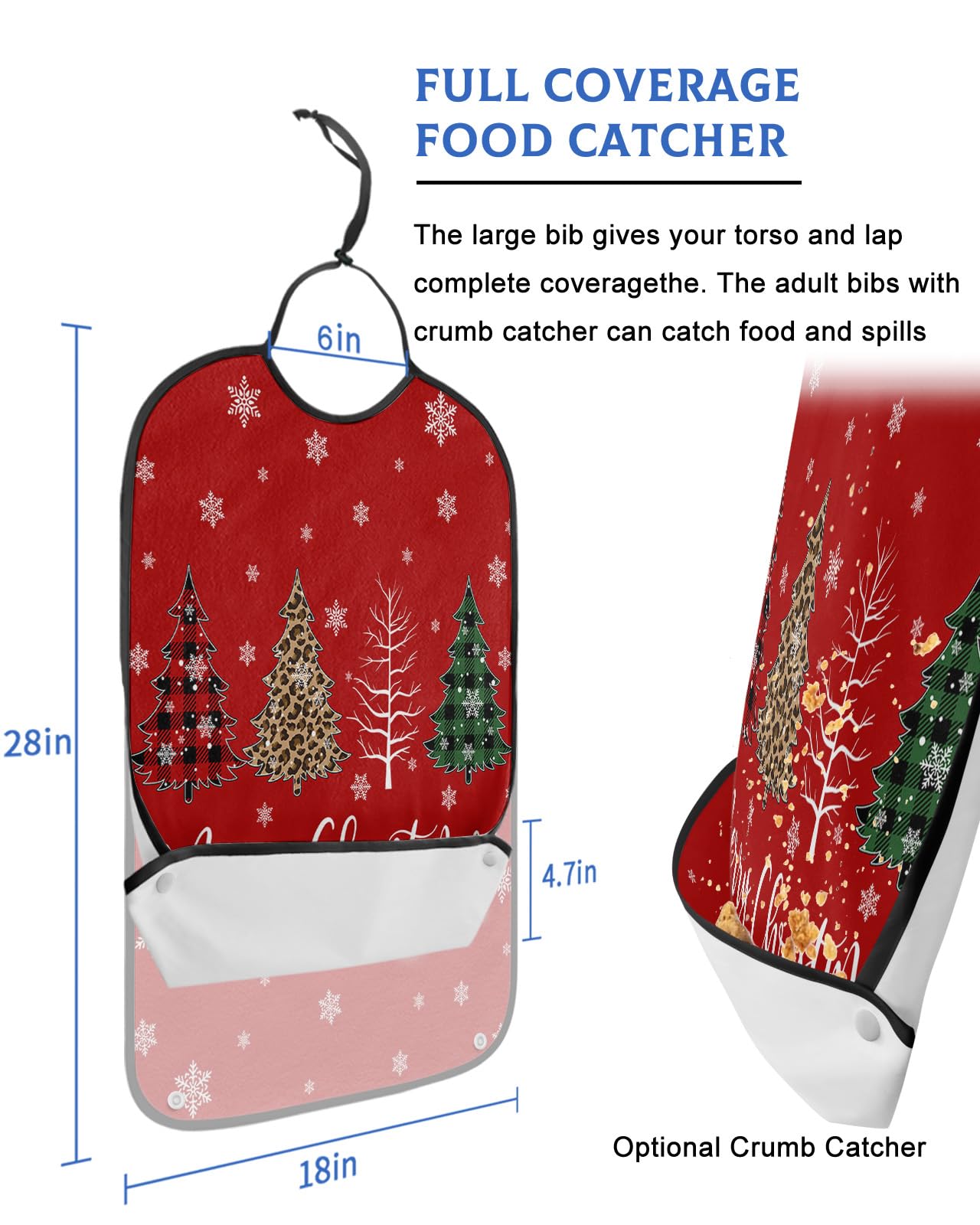 LEOKOTI Red Christmas Adult Bibs for Eating, Waterproof Bibs with Food Catcher & Adjustable Snap Closure, Xmas Tree Winter Snowflake Washable Clothing Protectors Adult Bibs for Elderly Women/Men