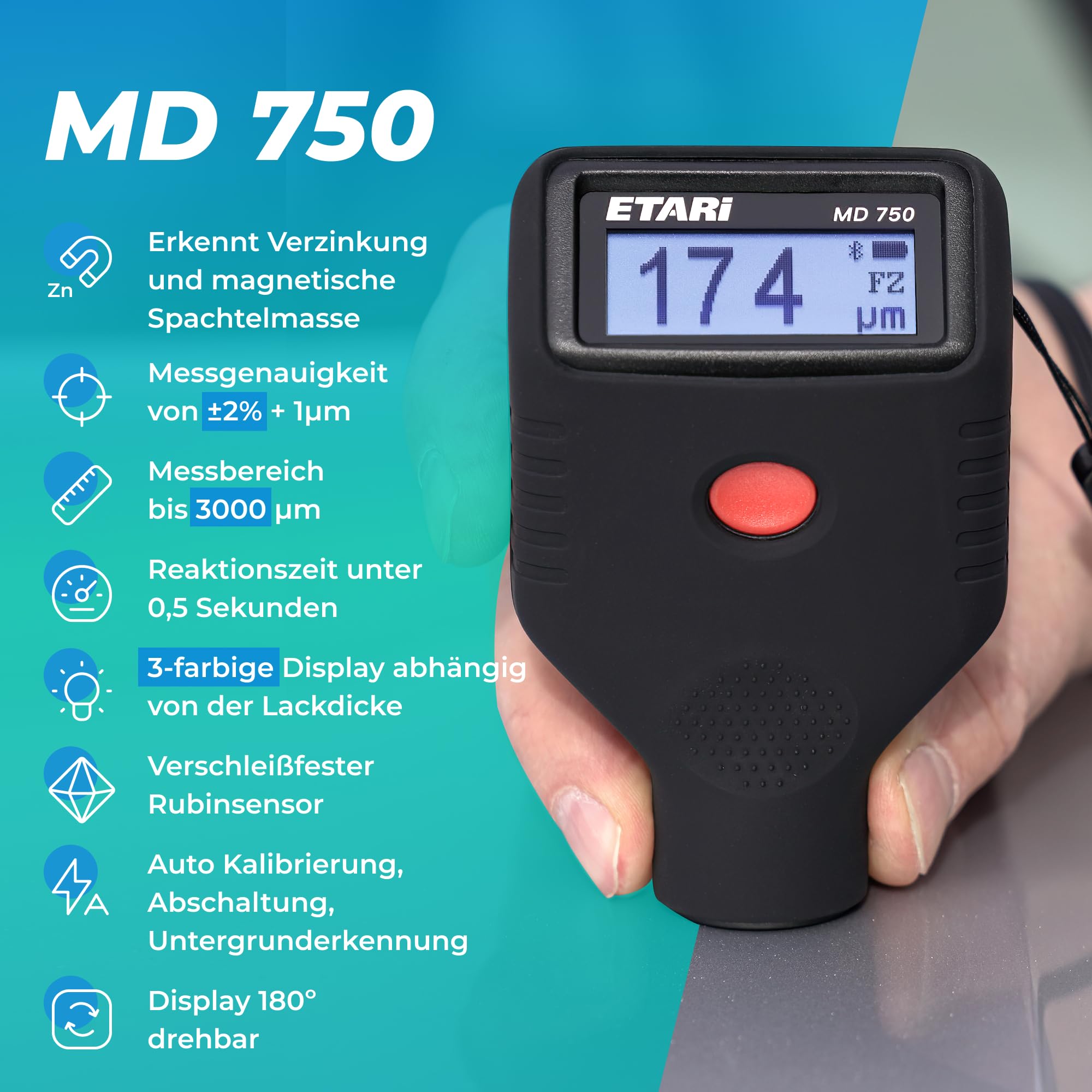 ETARI® MD-750, misuratore di spessore della vernice per auto, il tester per strati di vernice rileva parti zincate e stucco metallico (magnetico), sensore in rubino resistente all'usura 】 + app